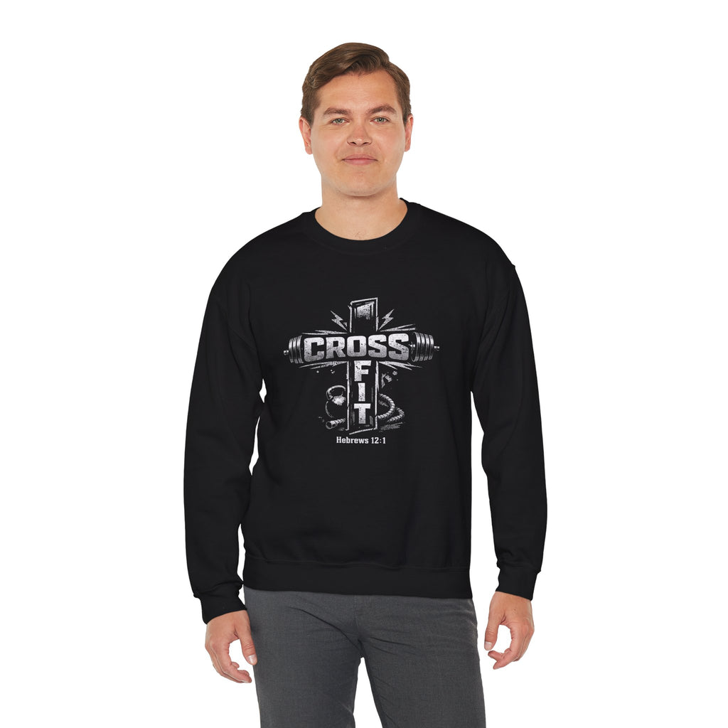 CrossFit Cross Graphic Sweatshirt | Barbell, Kettlebell, Bible Verse