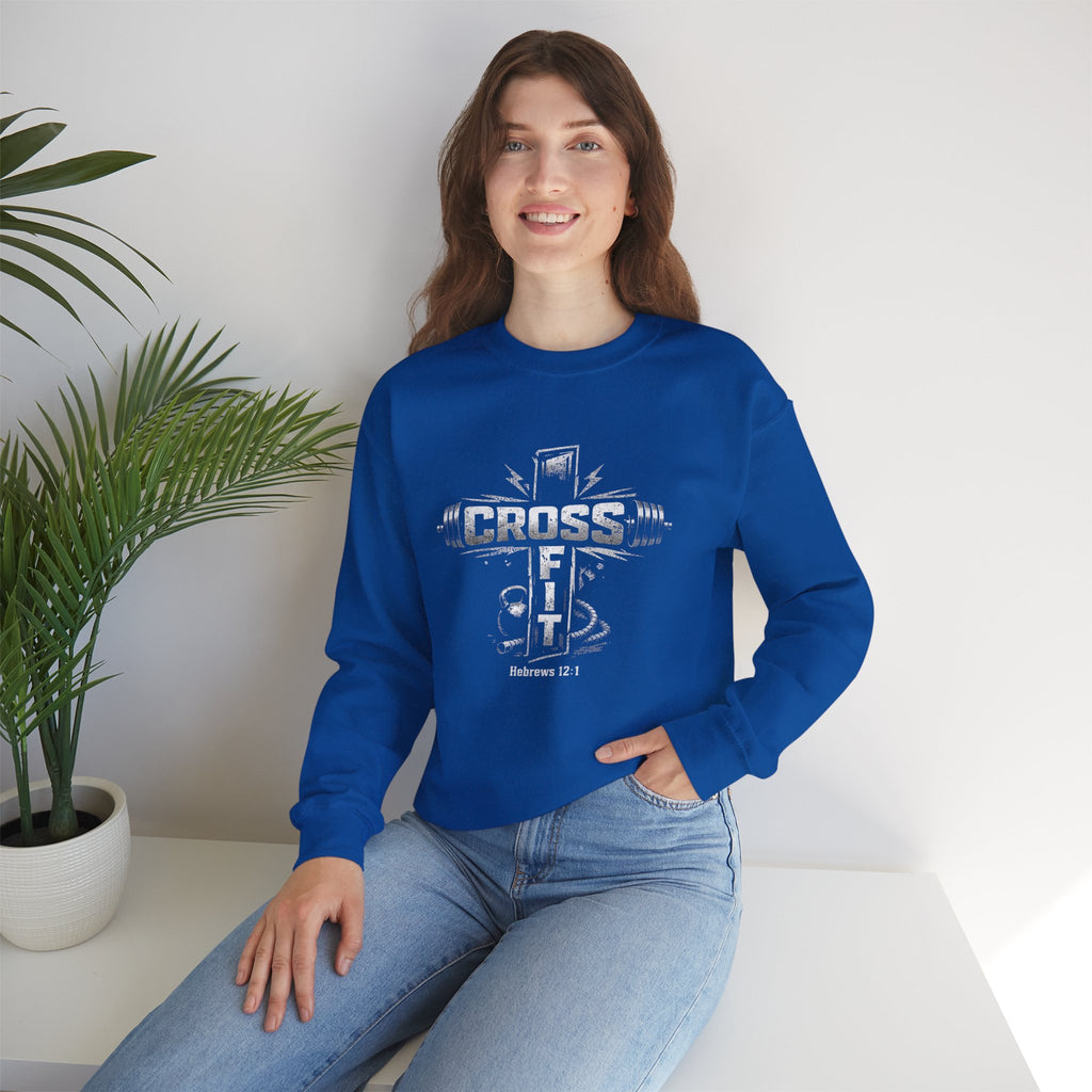 CrossFit Cross Graphic Sweatshirt | Barbell, Kettlebell, Bible Verse