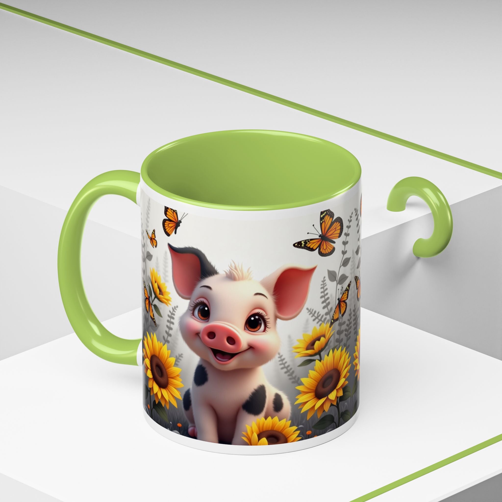 Cute Piglet, Sunflower & Monarch Butterflies Accent Coffee Mug