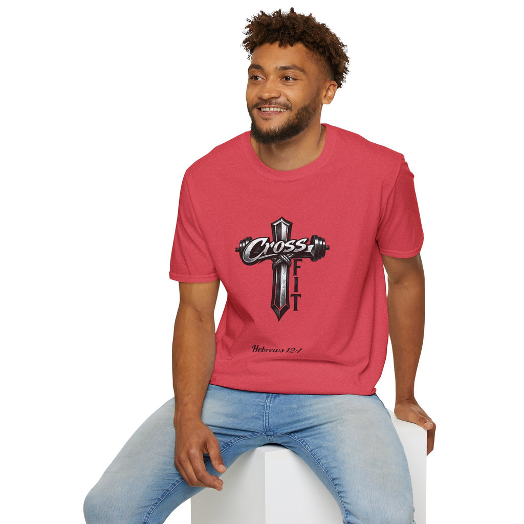 CrossFit Cross with Barbell T-Shirt | Hebrews 12:1 Fitness Faith Tee | Unisex Tee