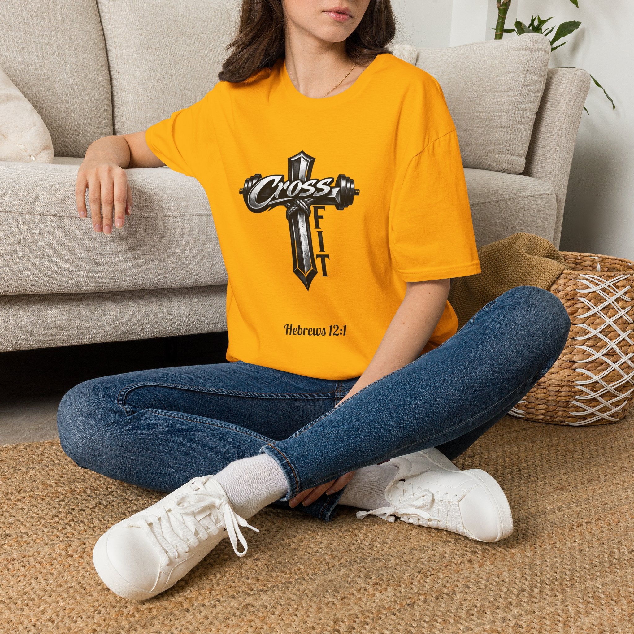 CrossFit Cross with Barbell T-Shirt | Hebrews 12:1 Fitness Faith Tee | Unisex Tee