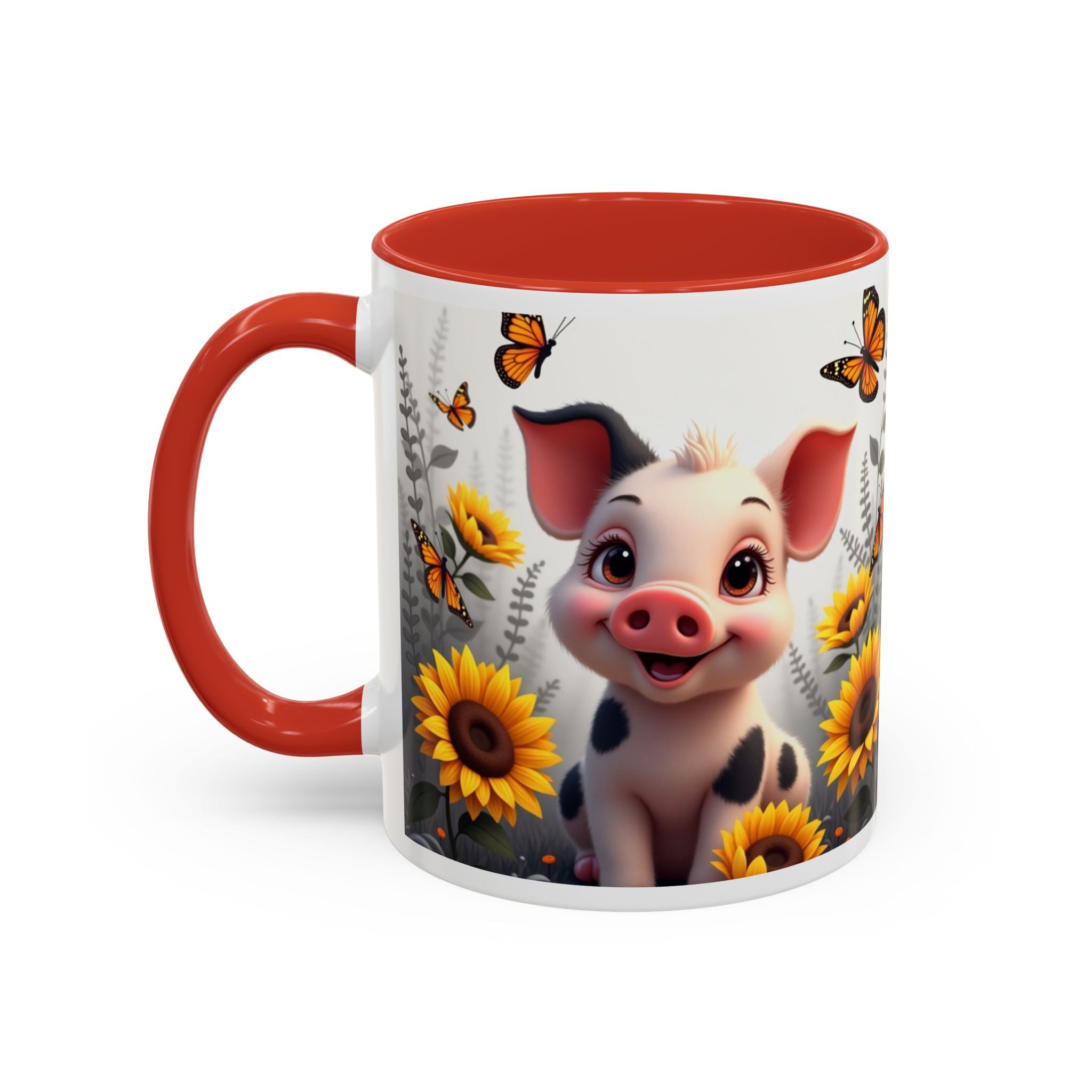 Cute Piglet, Sunflower & Monarch Butterflies Accent Coffee Mug