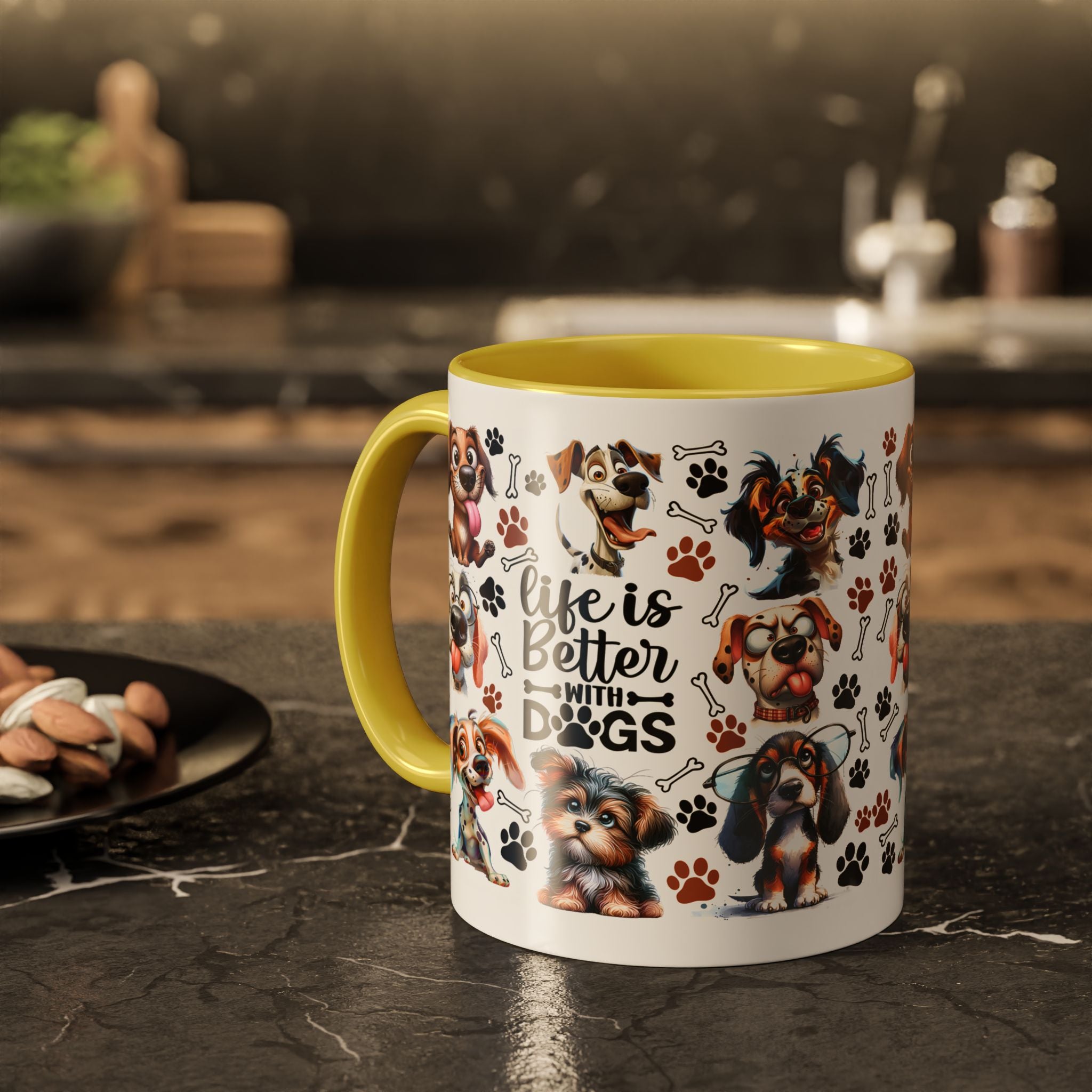 Dog Lover - "Life is Better with Dogs" Colourful Paw Print Ceramic Mug 11oz
