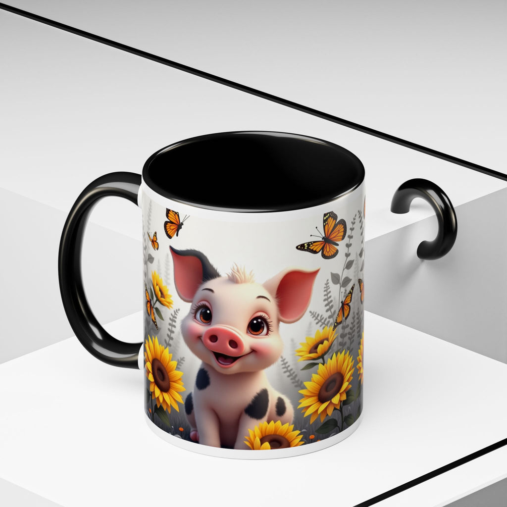 Cute Piglet, Sunflower & Monarch Butterflies Accent Coffee Mug
