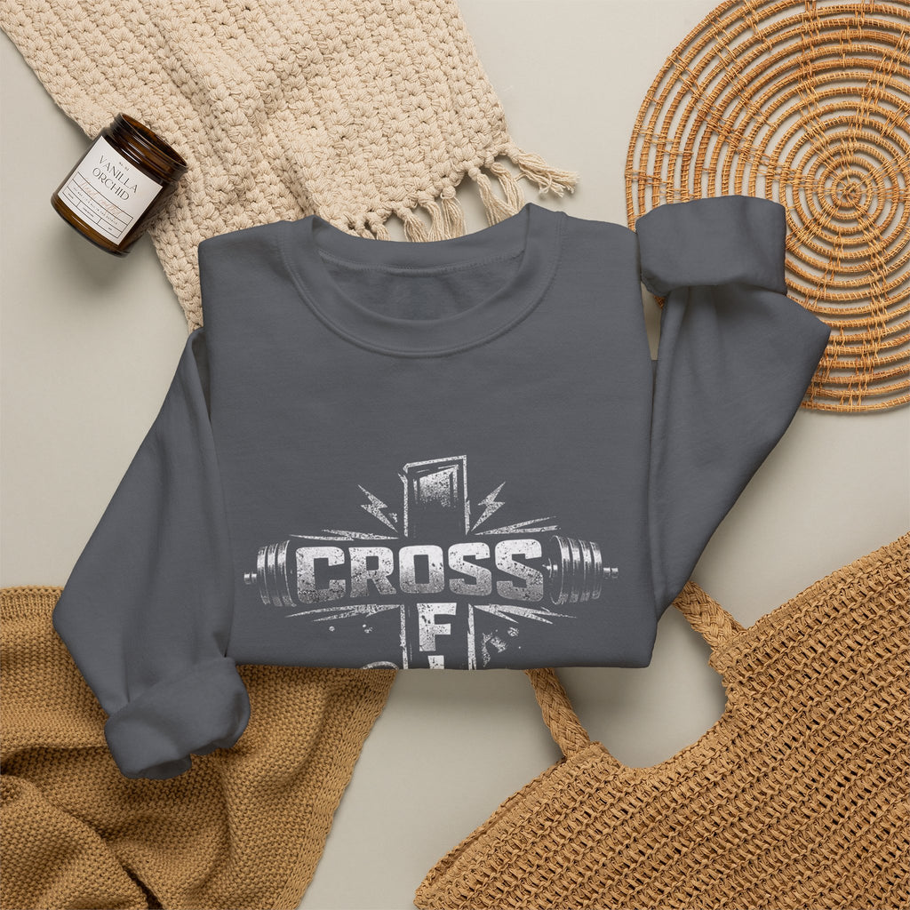 CrossFit Cross Graphic Sweatshirt | Barbell, Kettlebell, Bible Verse