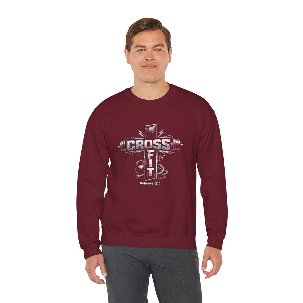 CrossFit Cross Graphic Sweatshirt | Barbell, Kettlebell, Bible Verse