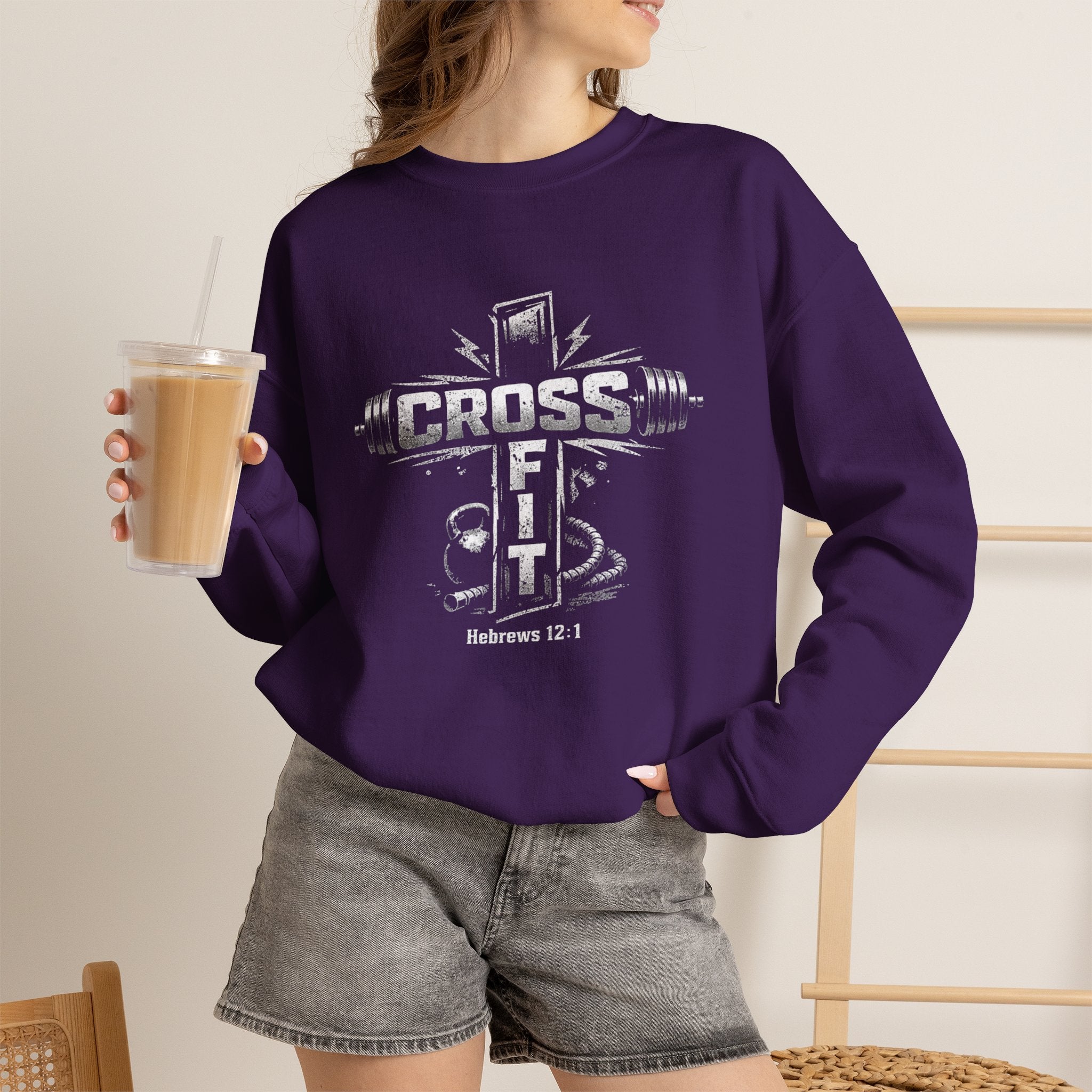 CrossFit Cross Graphic Sweatshirt | Barbell, Kettlebell, Bible Verse