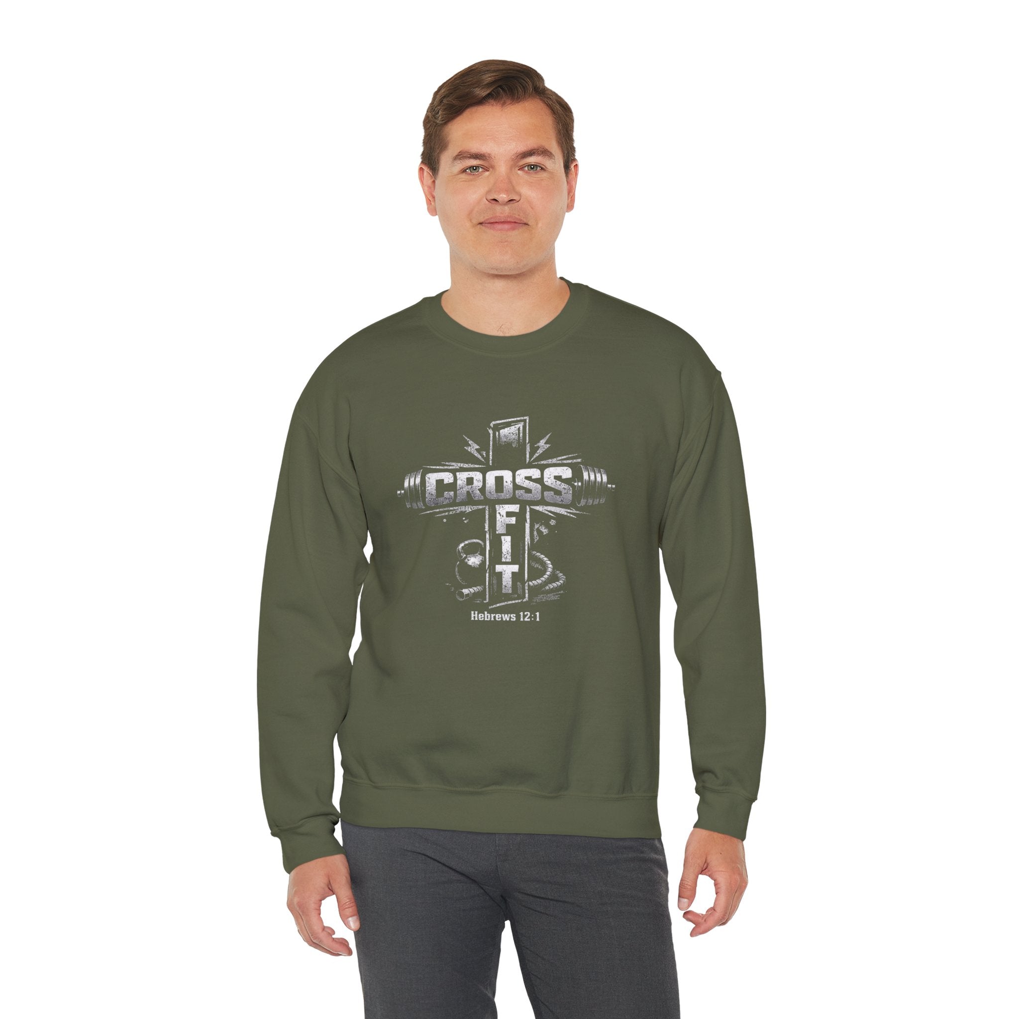 CrossFit Cross Graphic Sweatshirt | Barbell, Kettlebell, Bible Verse