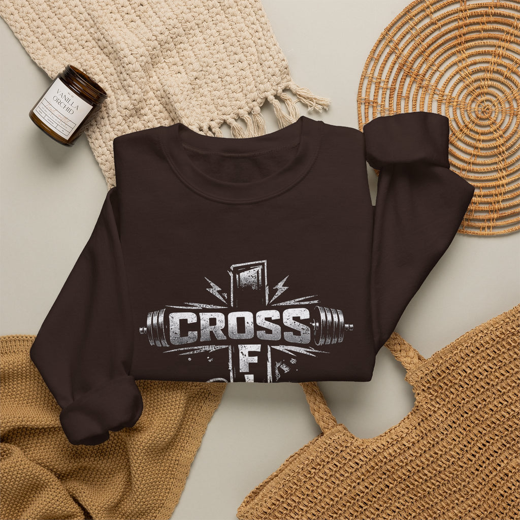 CrossFit Cross Graphic Sweatshirt | Barbell, Kettlebell, Bible Verse
