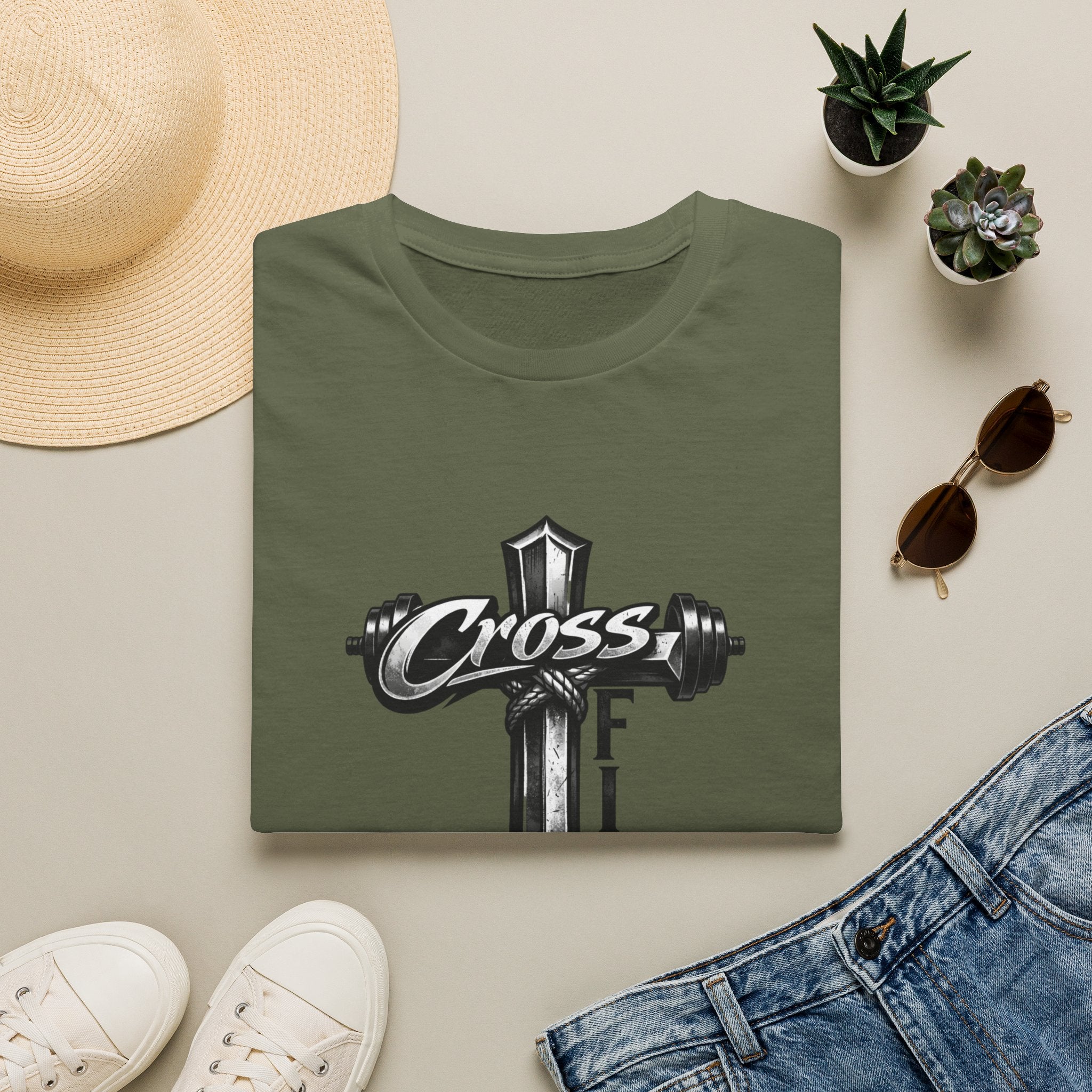 CrossFit Cross with Barbell T-Shirt | Hebrews 12:1 Fitness Faith Tee | Unisex Tee