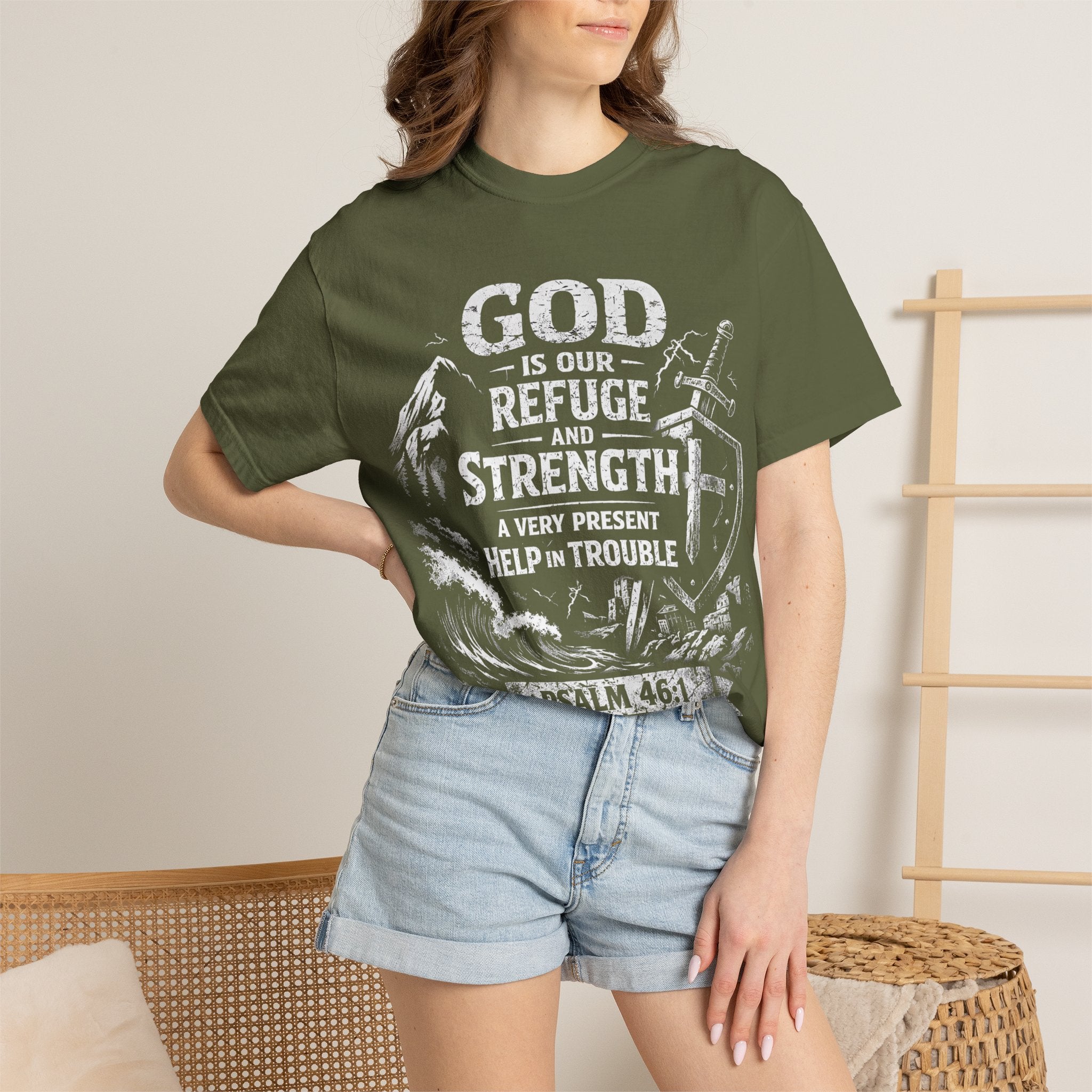 Christian T-Shirt Psalm 46:1 | God Is Our Refuge Shirt | Faith-Based Tee | Comfort Colors 1717 | Christian Gift | Unisex Tee | Women | Men