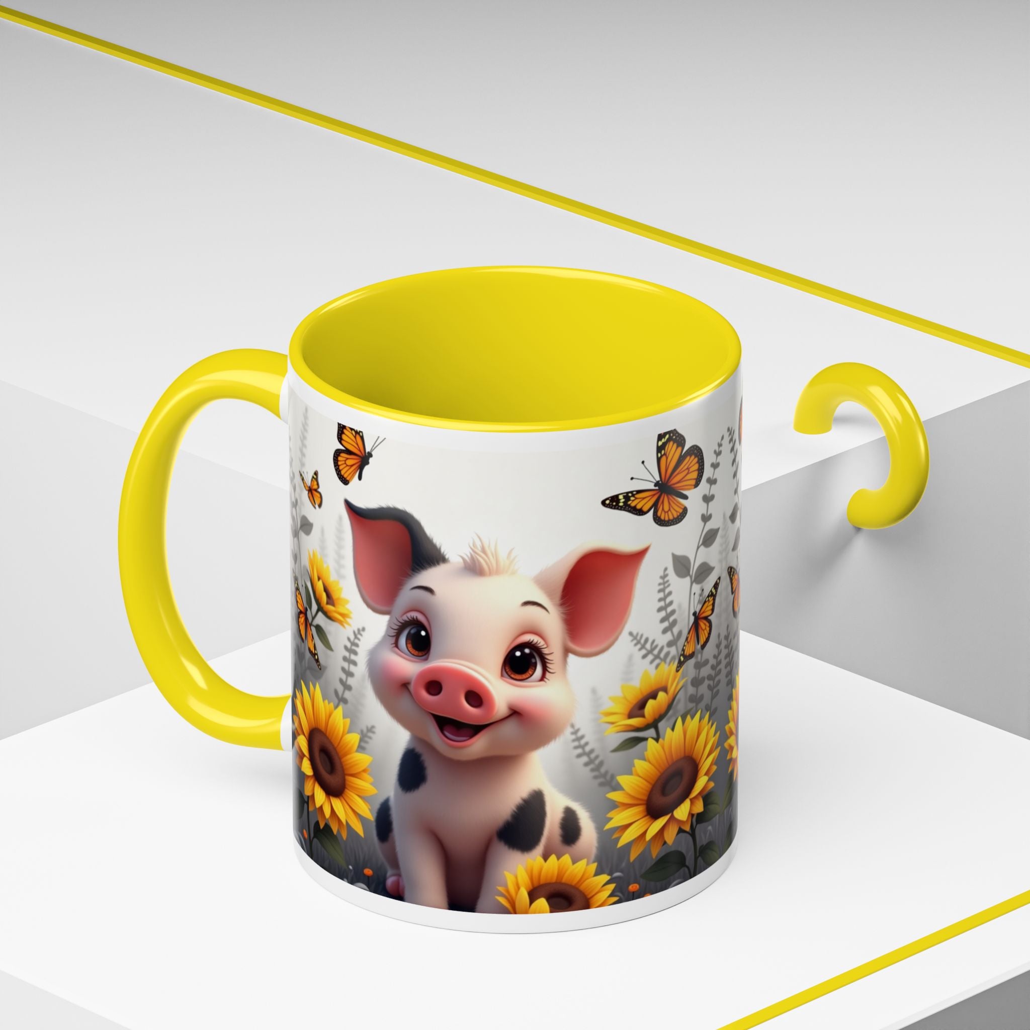 Cute Piglet, Sunflower & Monarch Butterflies Accent Coffee Mug