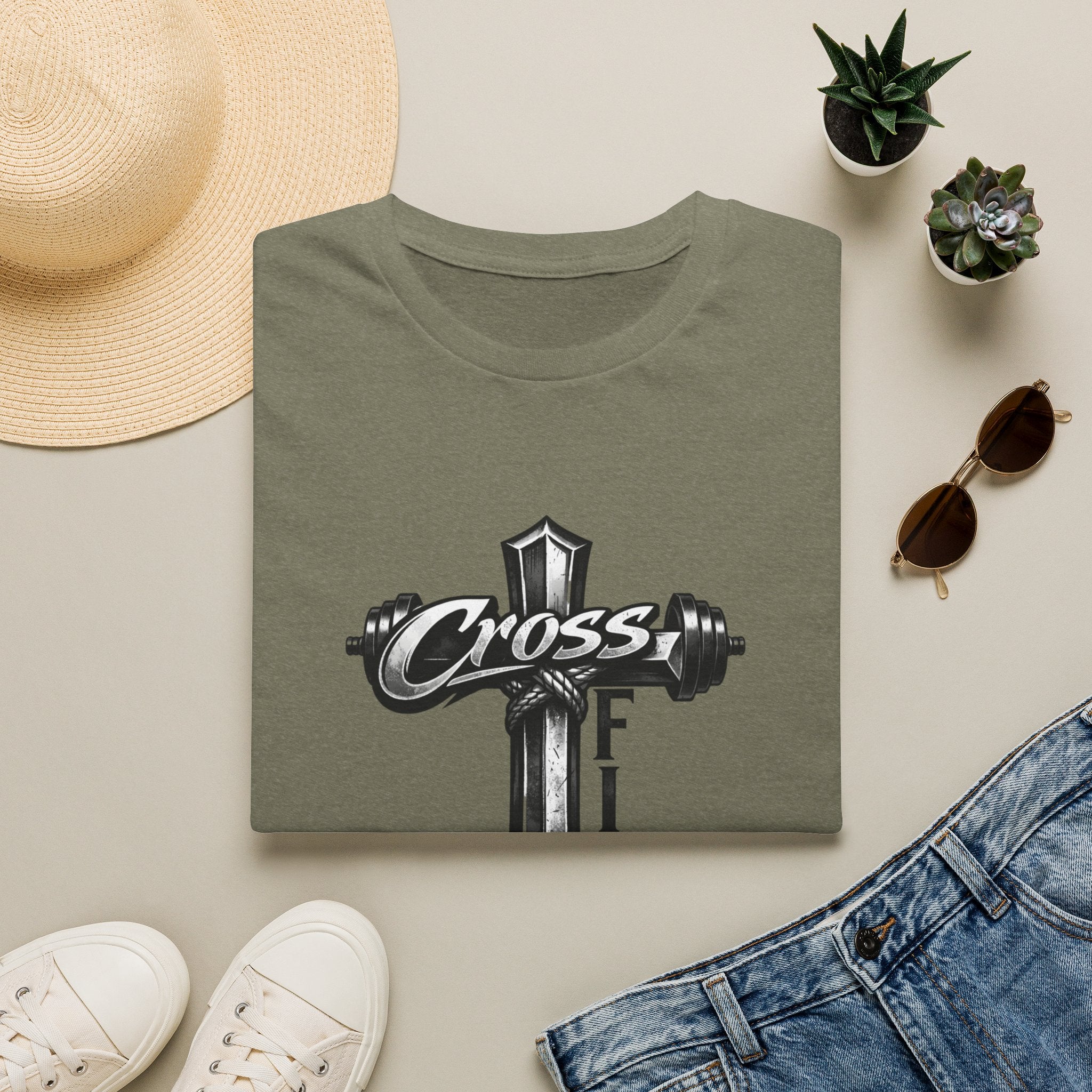 CrossFit Cross with Barbell T-Shirt | Hebrews 12:1 Fitness Faith Tee | Unisex Tee