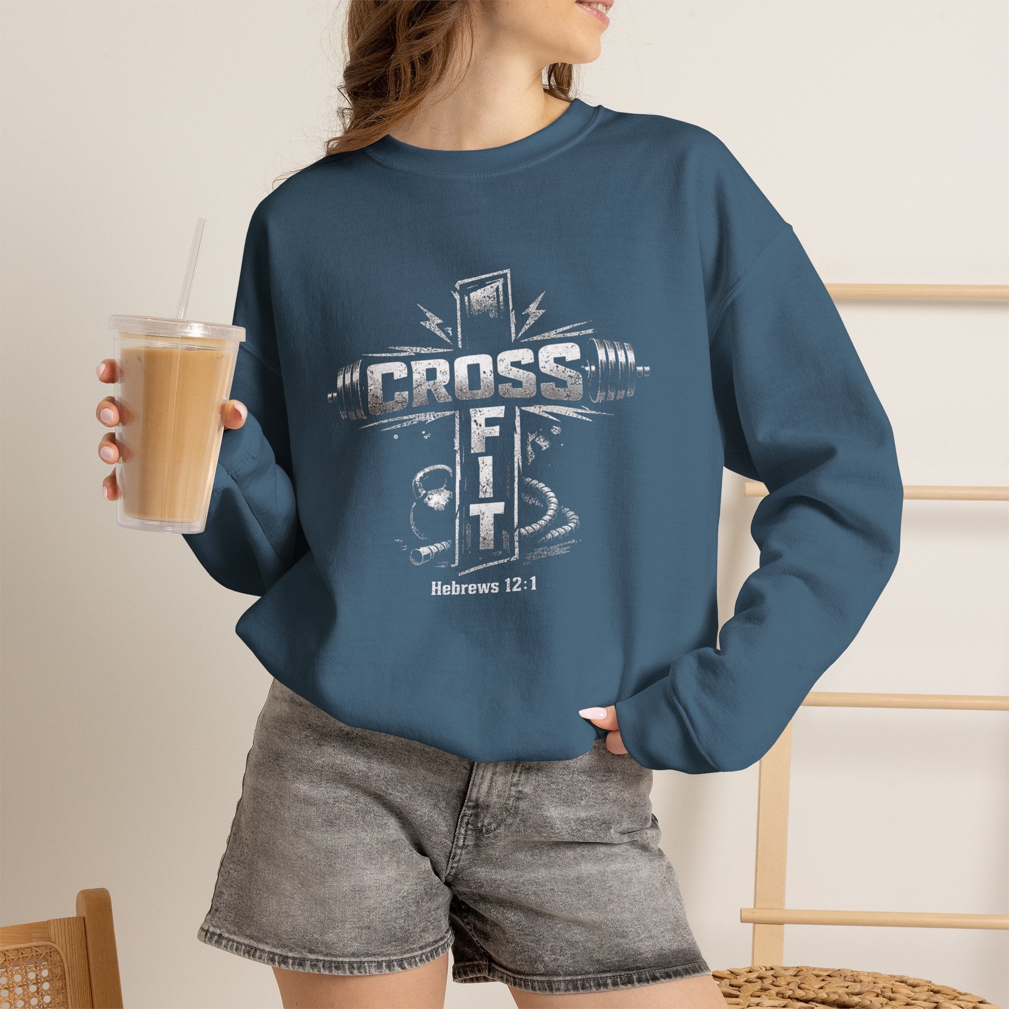 CrossFit Cross Graphic Sweatshirt | Barbell, Kettlebell, Bible Verse