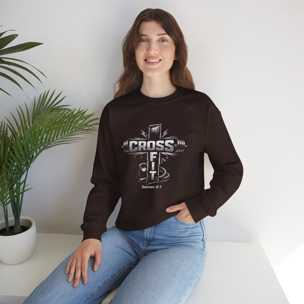 CrossFit Cross Graphic Sweatshirt | Barbell, Kettlebell, Bible Verse