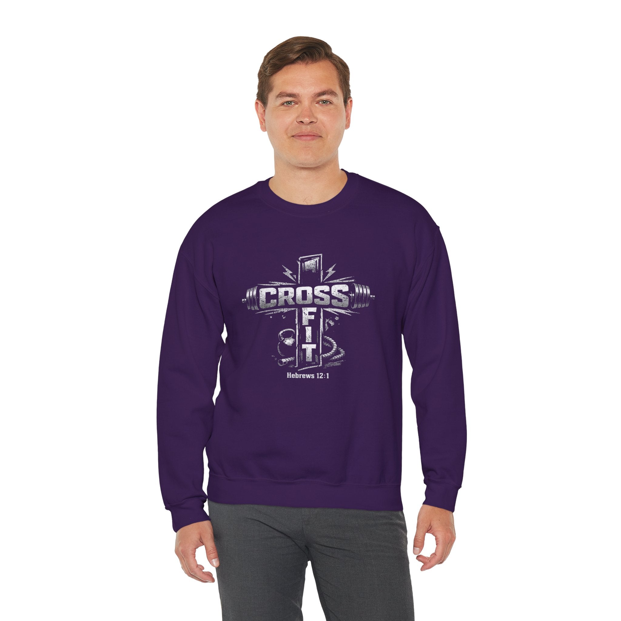 CrossFit Cross Graphic Sweatshirt | Barbell, Kettlebell, Bible Verse