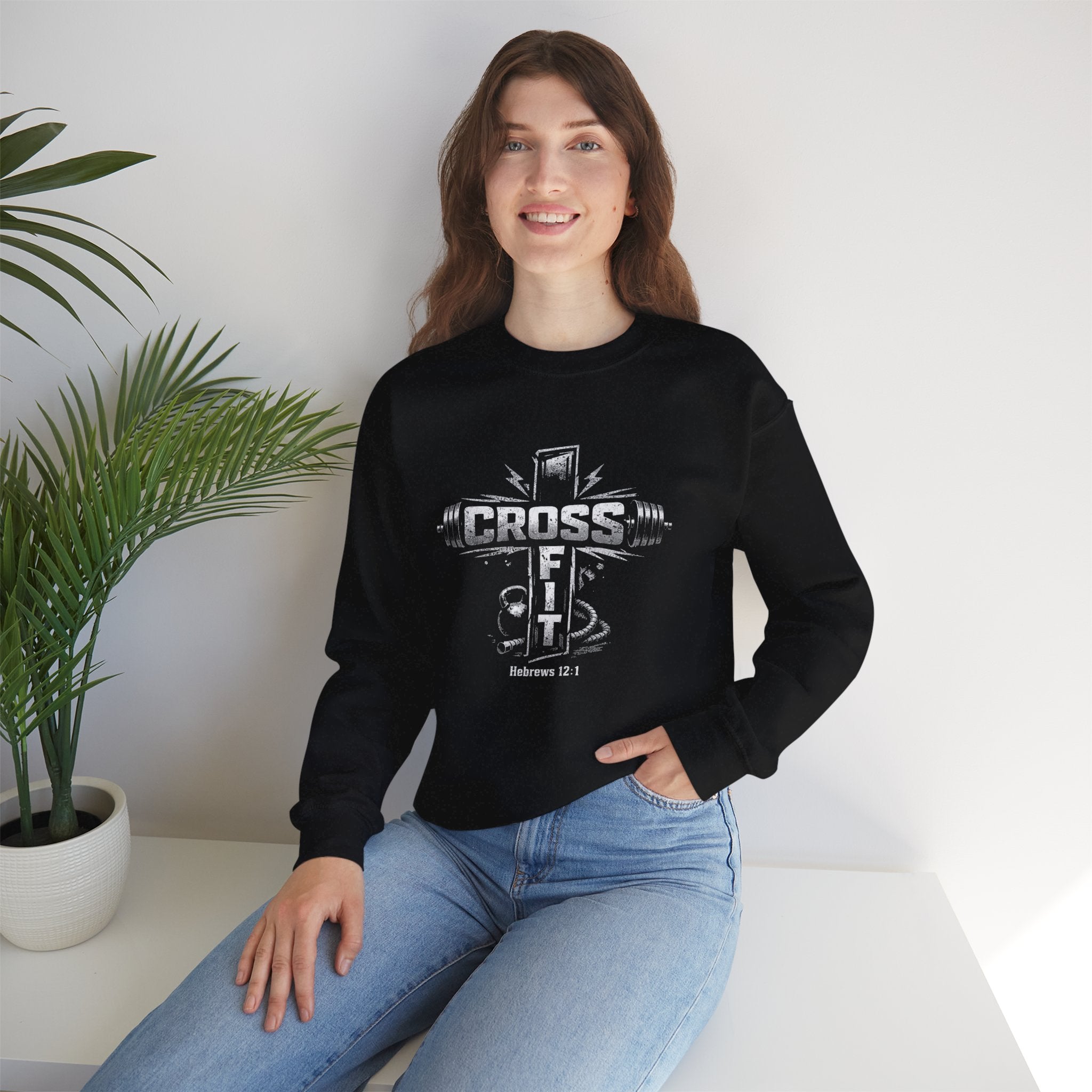 CrossFit Cross Graphic Sweatshirt | Barbell, Kettlebell, Bible Verse