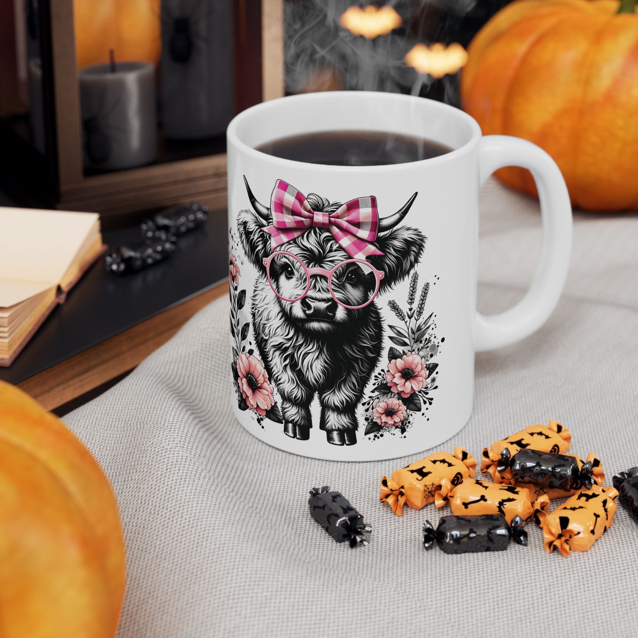 Highland Cow Floral Mug - Cute Pink Bow Ceramic Coffee Cup (11oz)