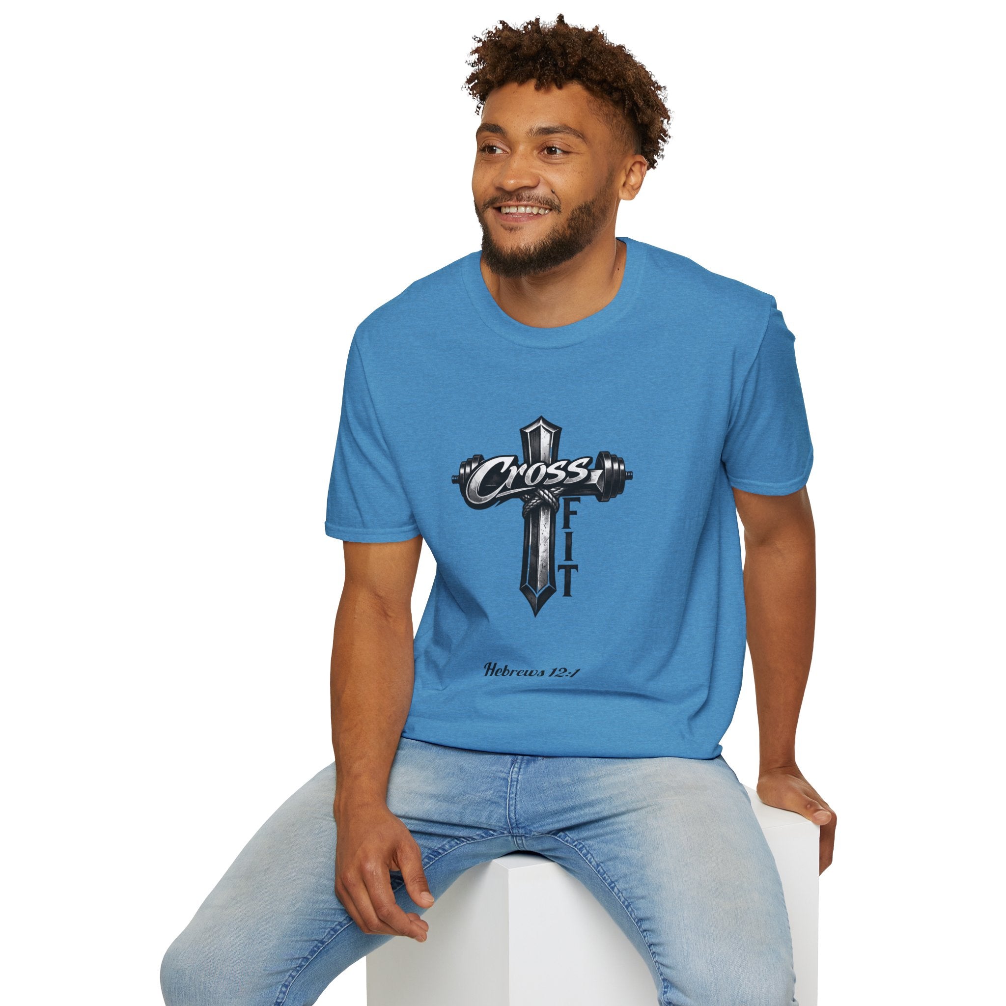 CrossFit Cross with Barbell T-Shirt | Hebrews 12:1 Fitness Faith Tee | Unisex Tee