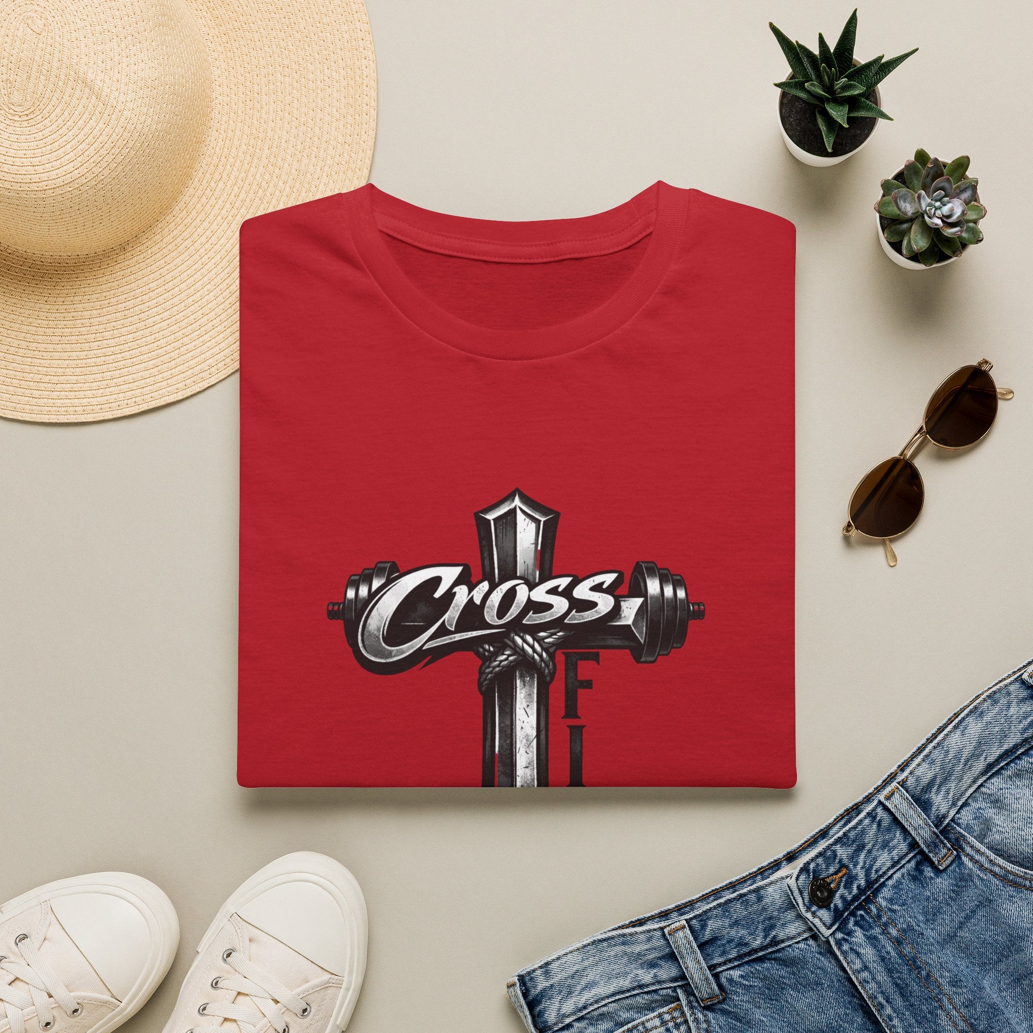 CrossFit Cross with Barbell T-Shirt | Hebrews 12:1 Fitness Faith Tee | Unisex Tee