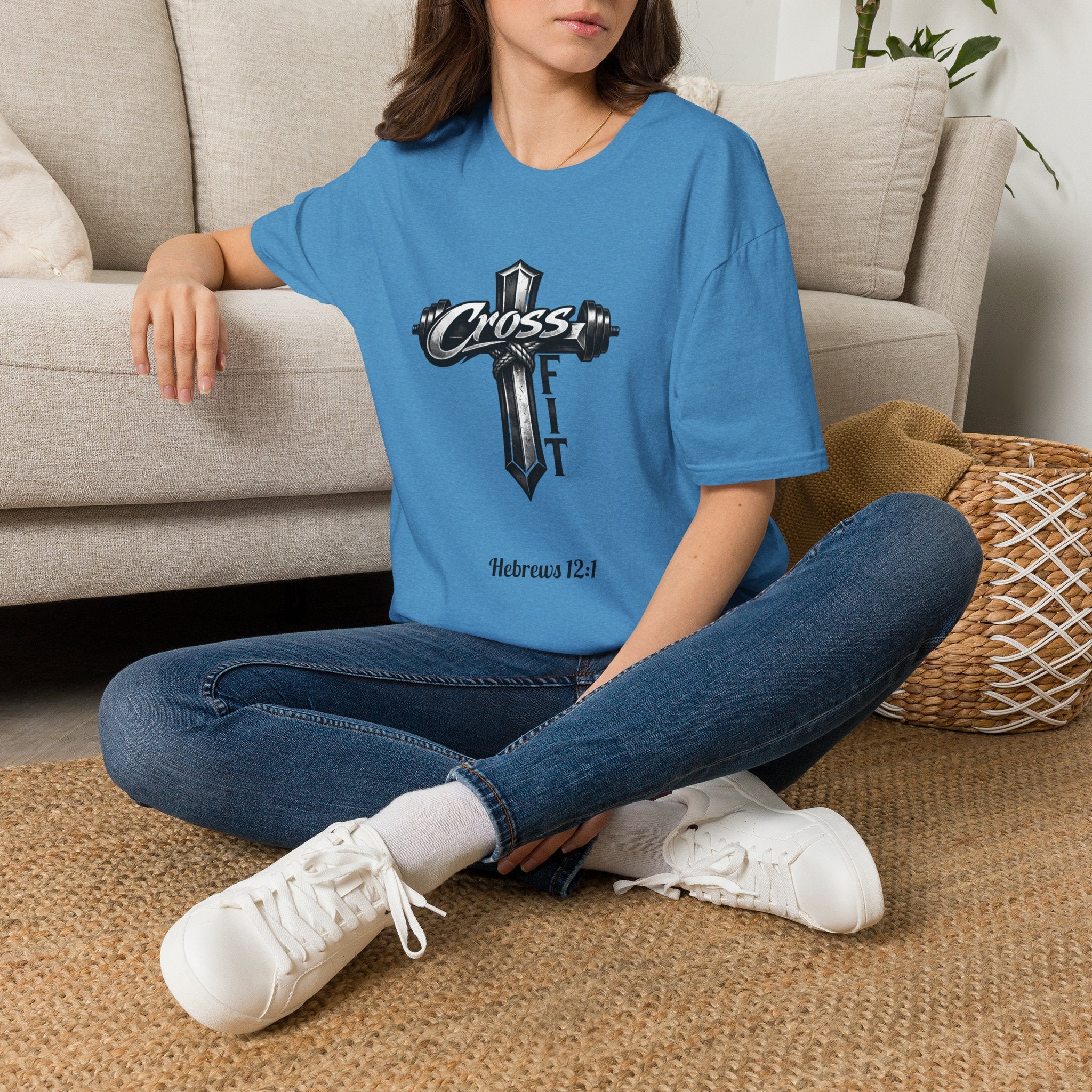 CrossFit Cross with Barbell T-Shirt | Hebrews 12:1 Fitness Faith Tee | Unisex Tee