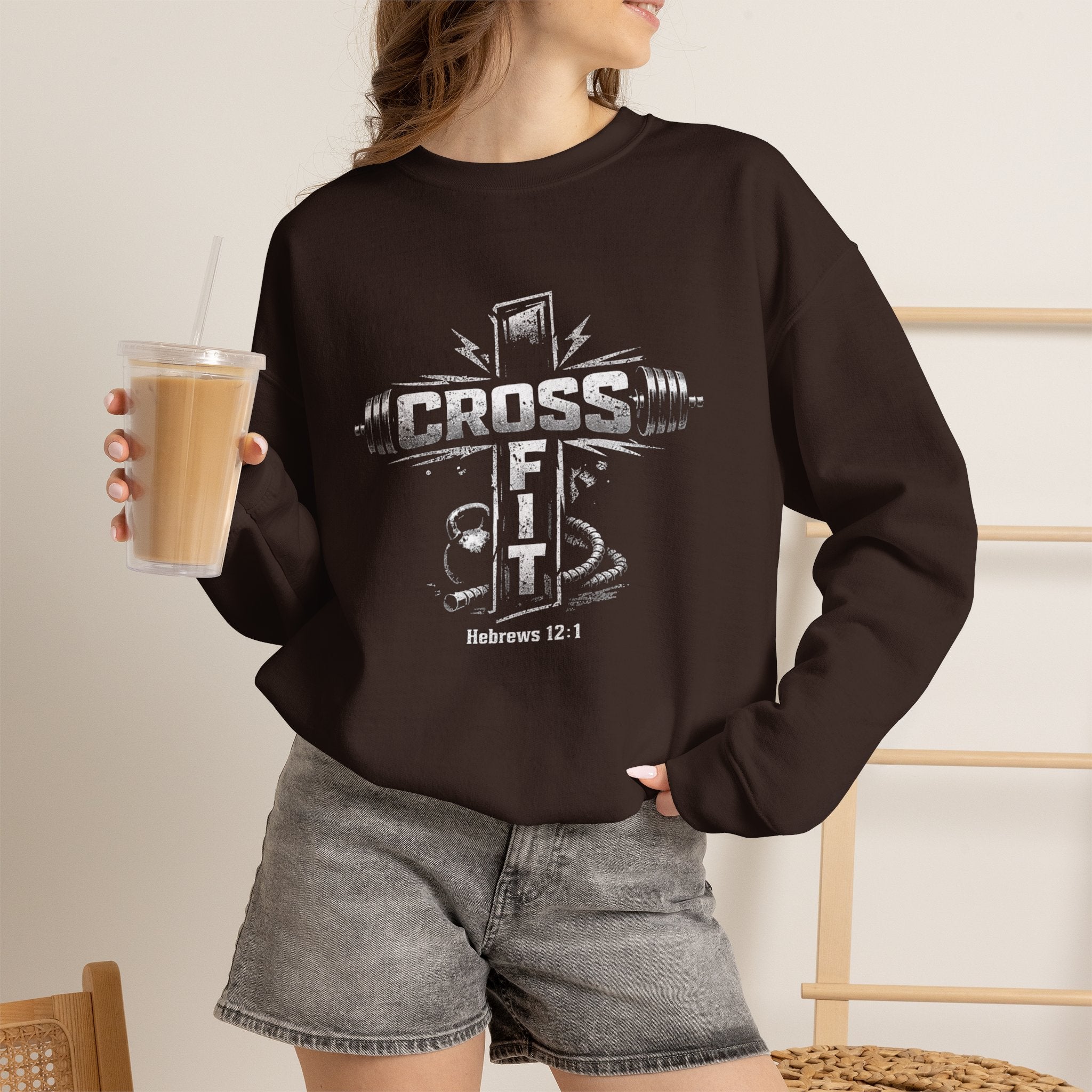 CrossFit Cross Graphic Sweatshirt | Barbell, Kettlebell, Bible Verse