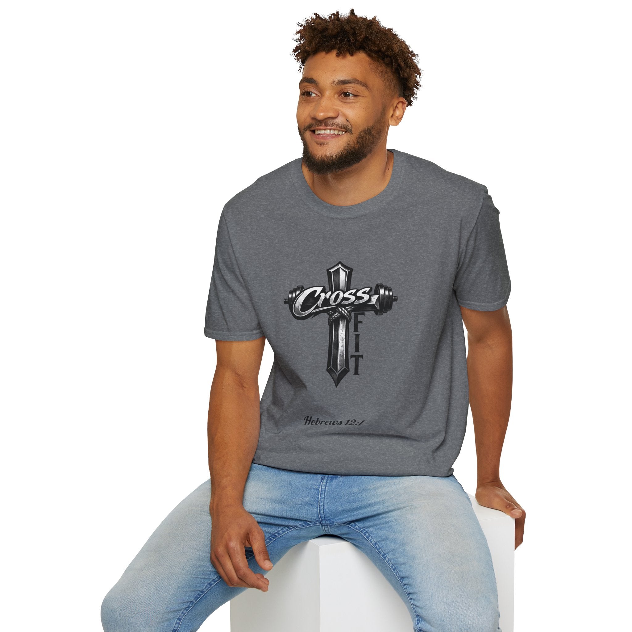 CrossFit Cross with Barbell T-Shirt | Hebrews 12:1 Fitness Faith Tee | Unisex Tee