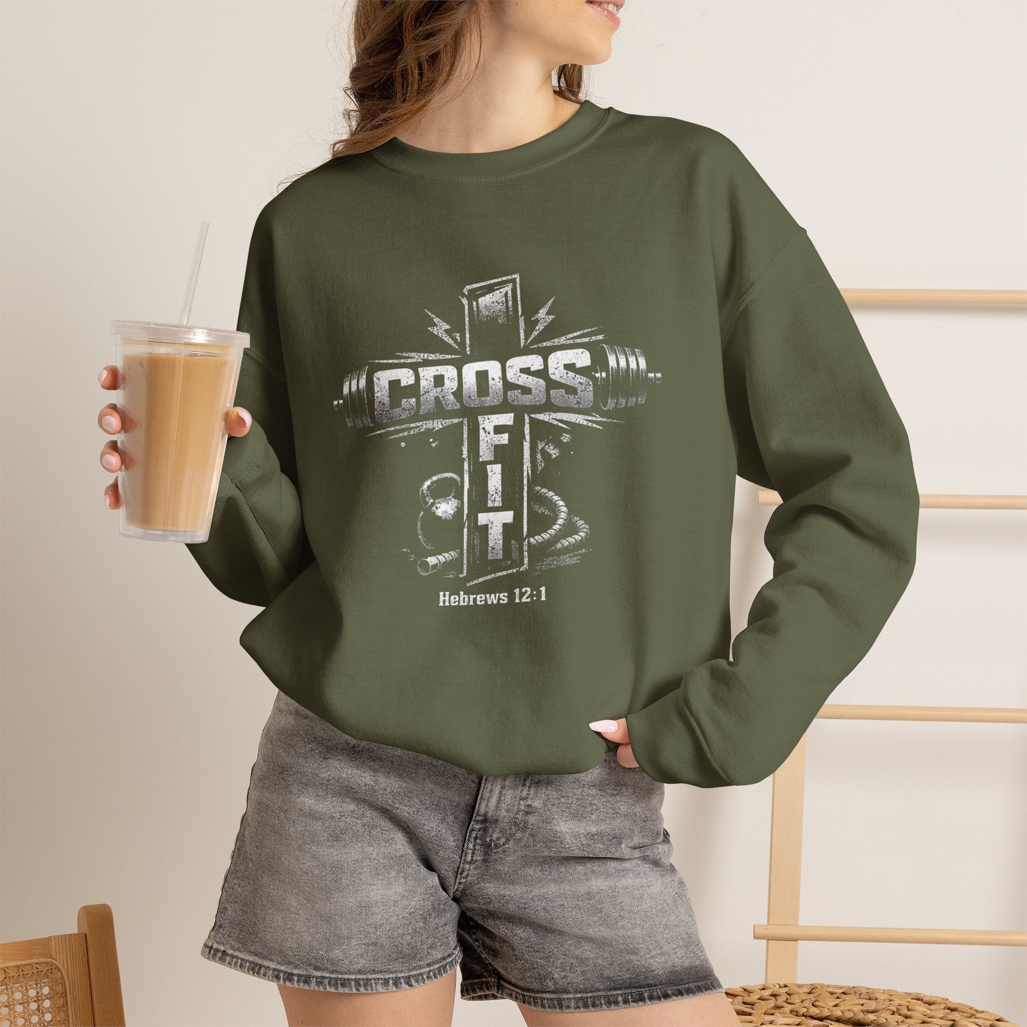 CrossFit Cross Graphic Sweatshirt | Barbell, Kettlebell, Bible Verse