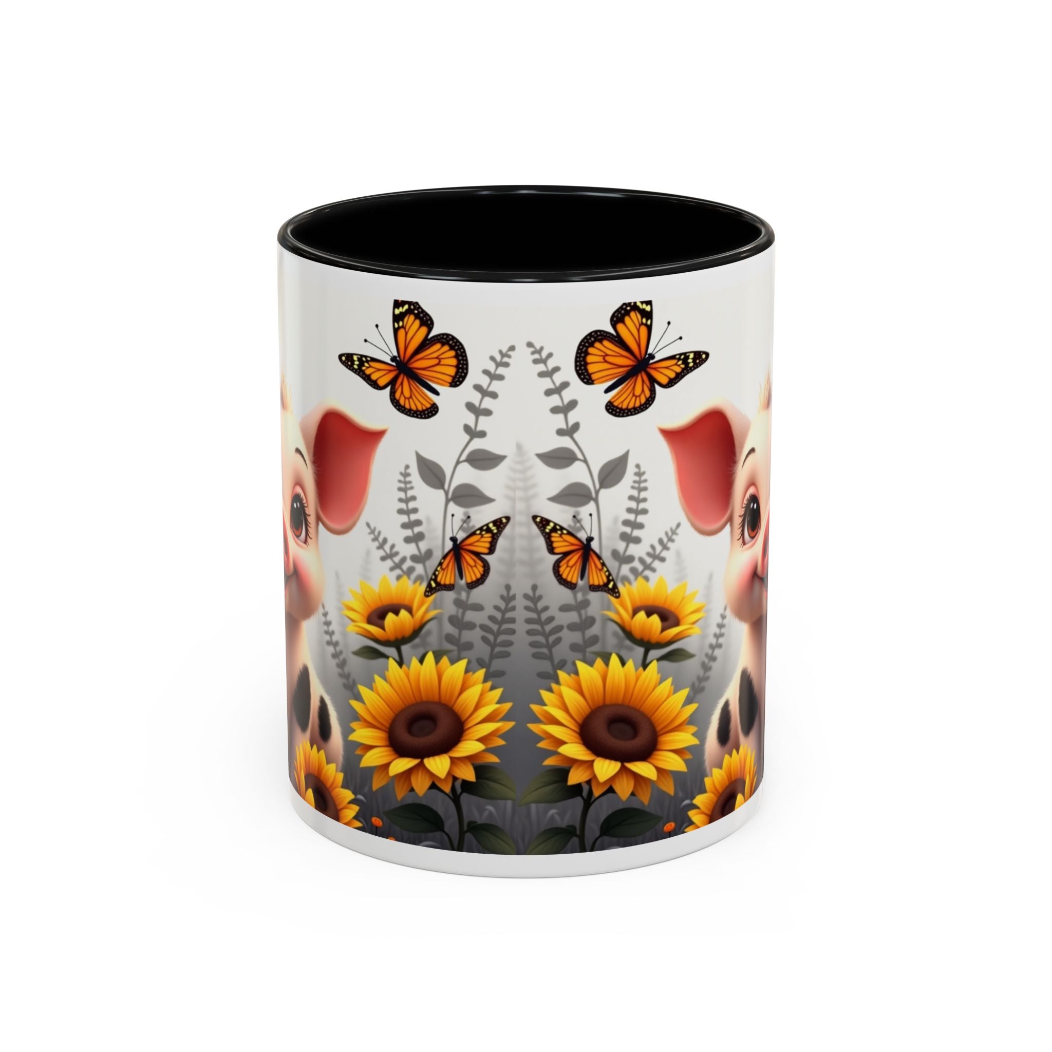 Cute Piglet, Sunflower & Monarch Butterflies Accent Coffee Mug