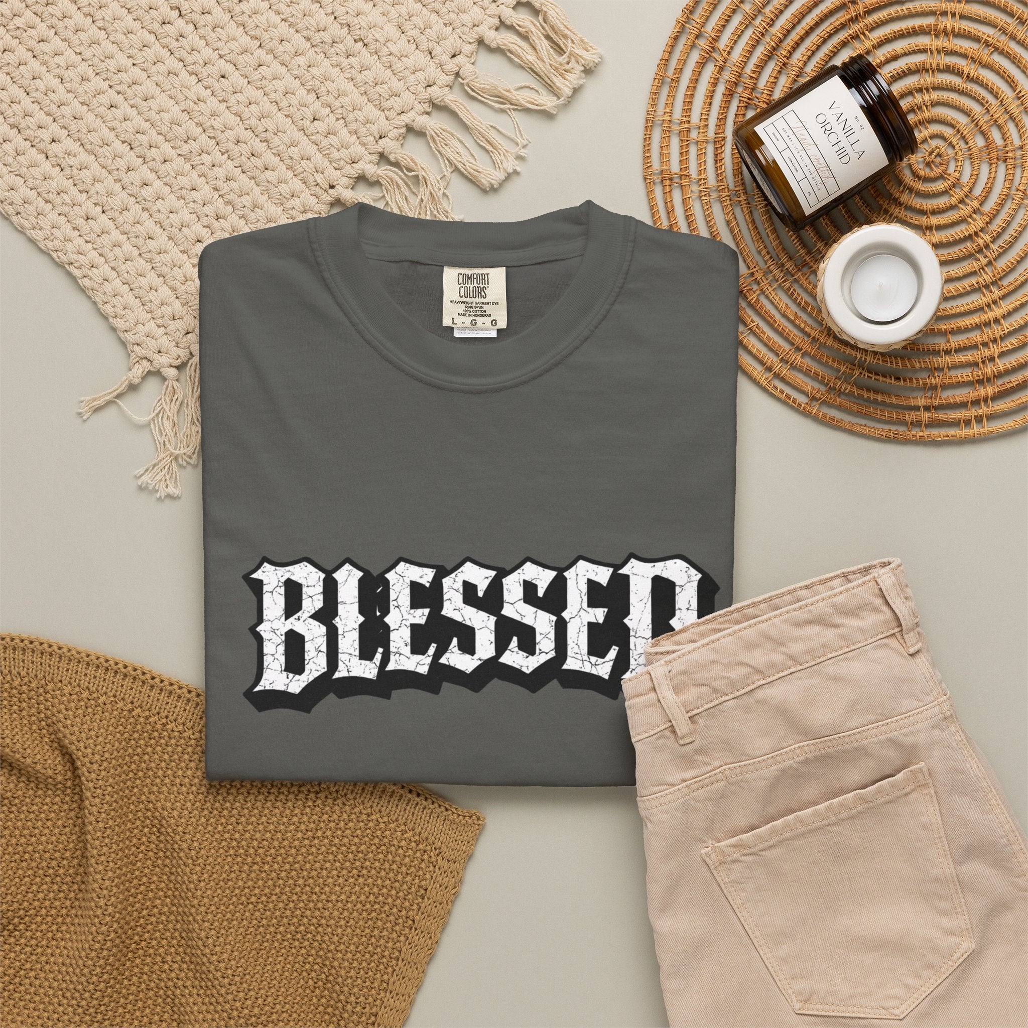 Blessed Script T-shirt | Garment-Dyed Casual Tee | Unisex T-shirt