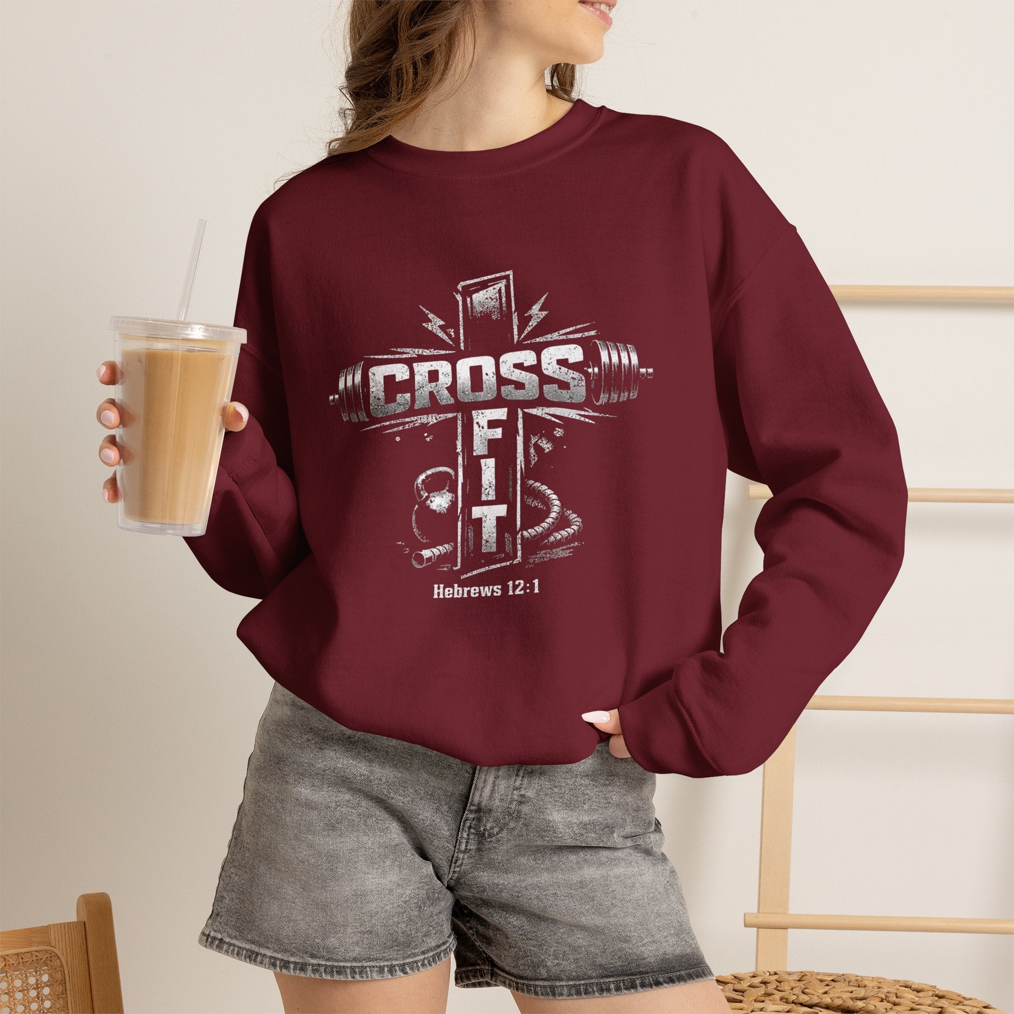 CrossFit Cross Graphic Sweatshirt | Barbell, Kettlebell, Bible Verse