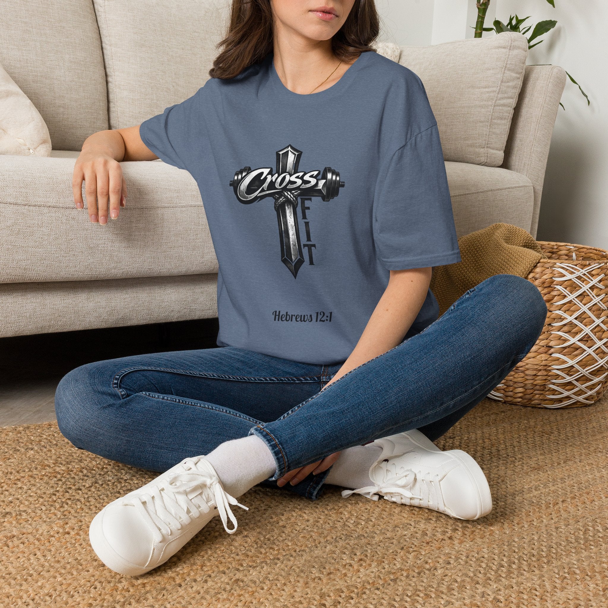 CrossFit Cross with Barbell T-Shirt | Hebrews 12:1 Fitness Faith Tee | Unisex Tee