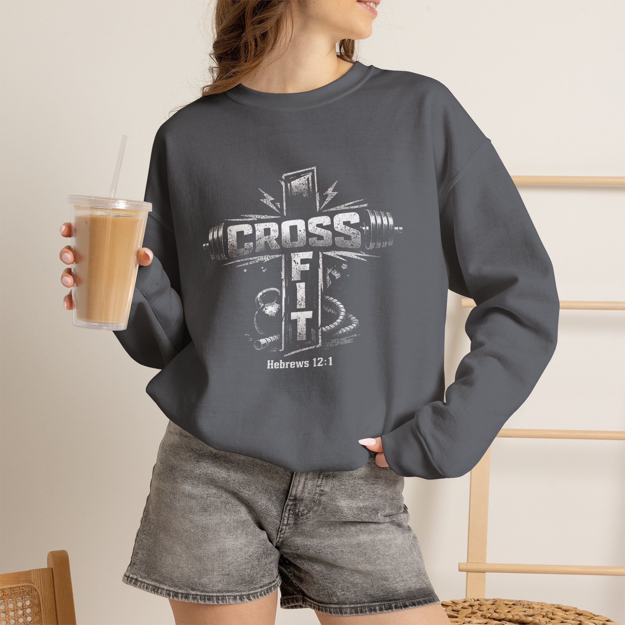 CrossFit Cross Graphic Sweatshirt | Barbell, Kettlebell, Bible Verse