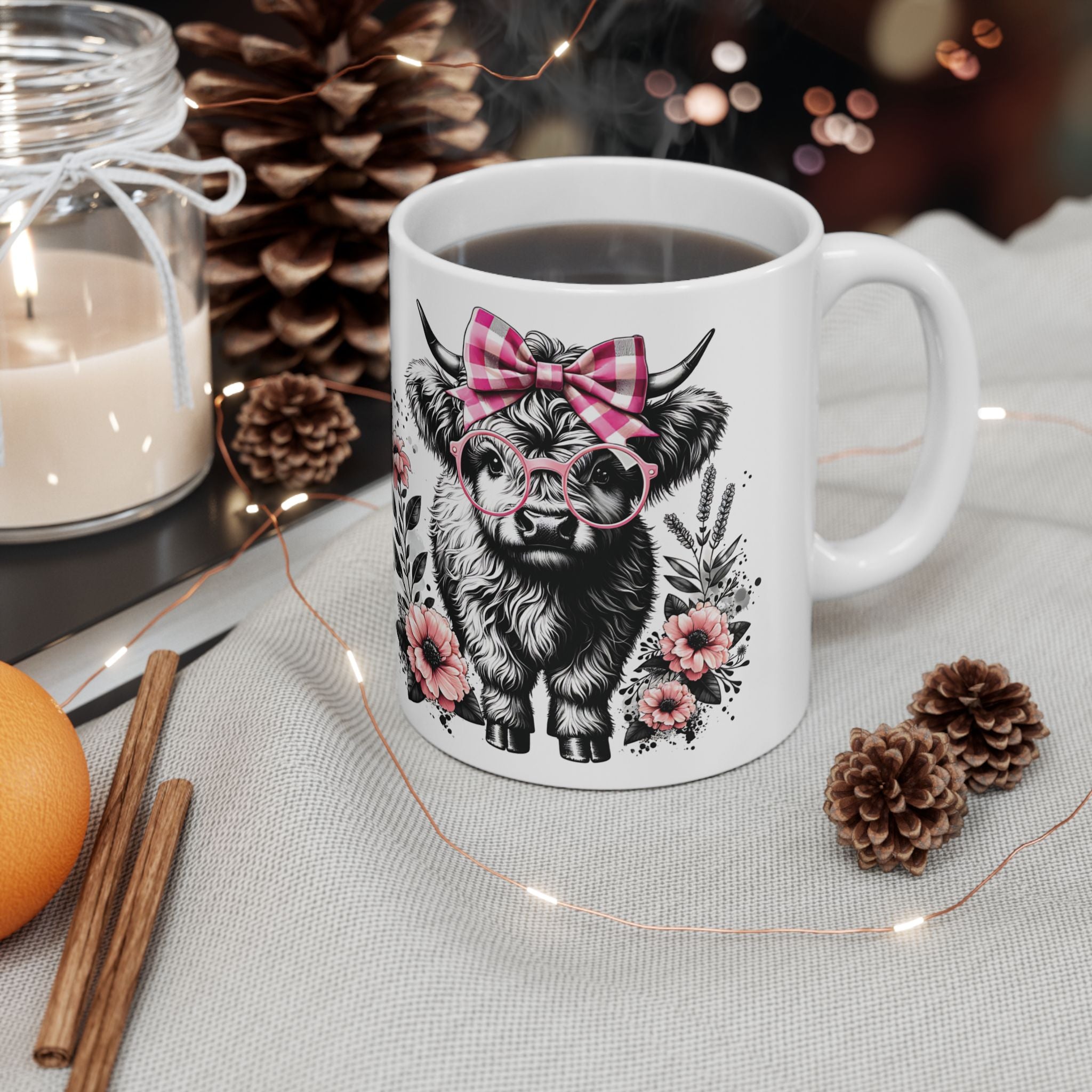 Highland Cow Floral Mug - Cute Pink Bow Ceramic Coffee Cup (11oz)