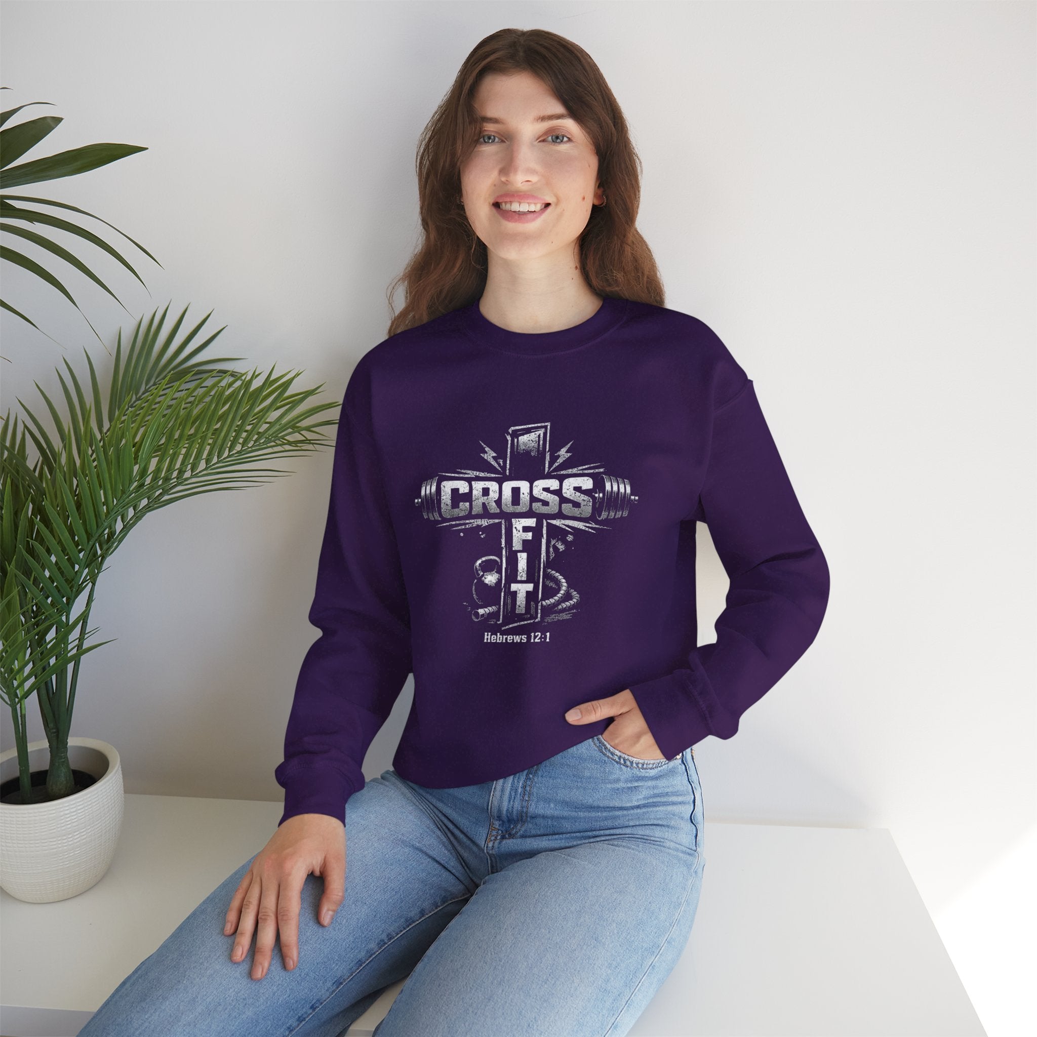 CrossFit Cross Graphic Sweatshirt | Barbell, Kettlebell, Bible Verse
