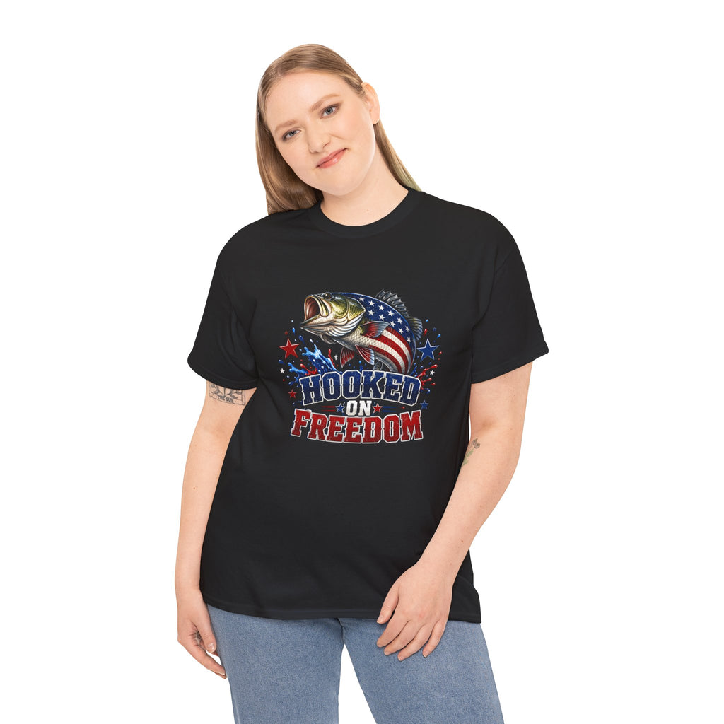 Hooked on Freedom Fishing T-Shirt — Patriotic Bass Graphic Tee