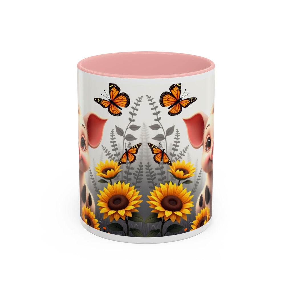 Cute Piglet, Sunflower & Monarch Butterflies Accent Coffee Mug