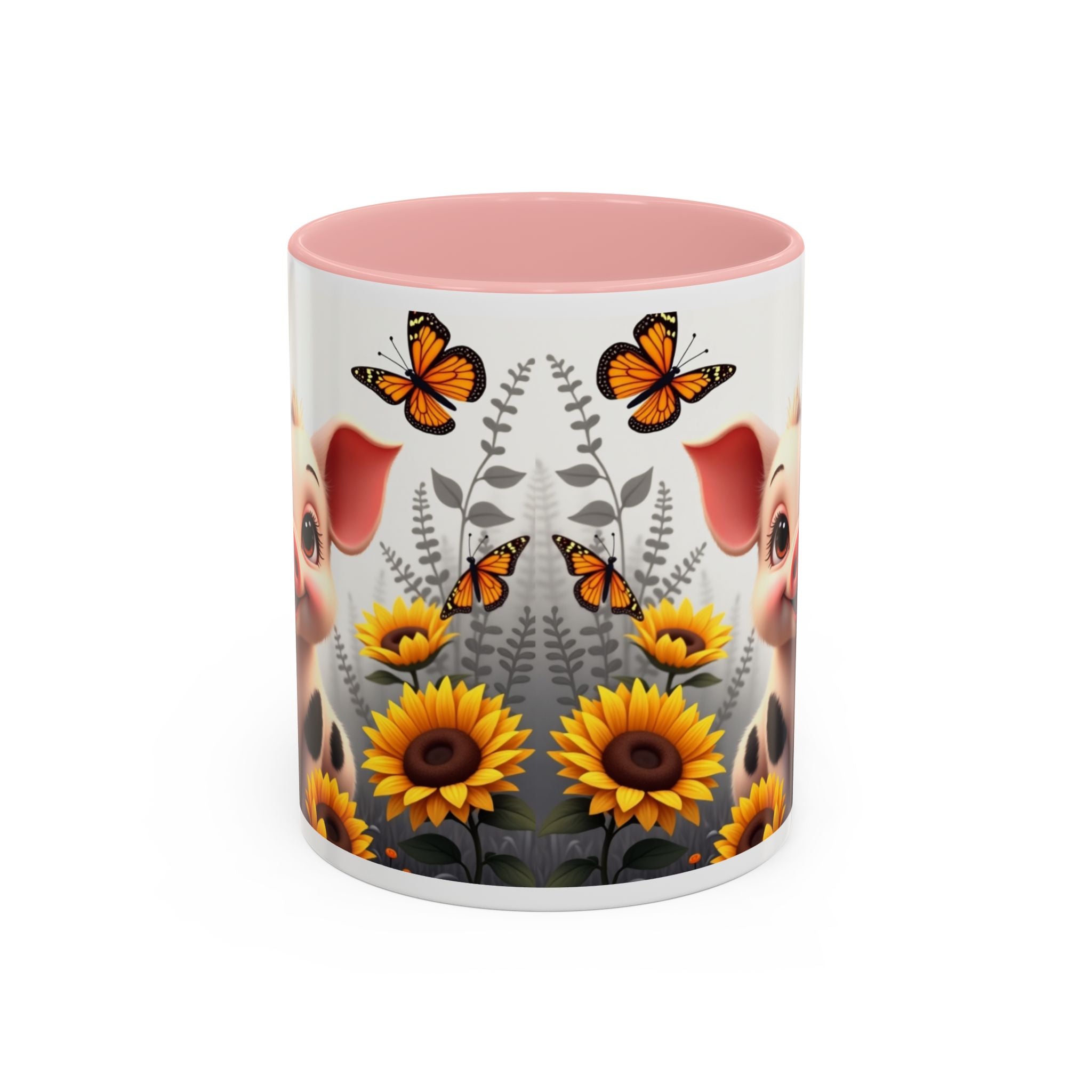Cute Piglet, Sunflower & Monarch Butterflies Accent Coffee Mug