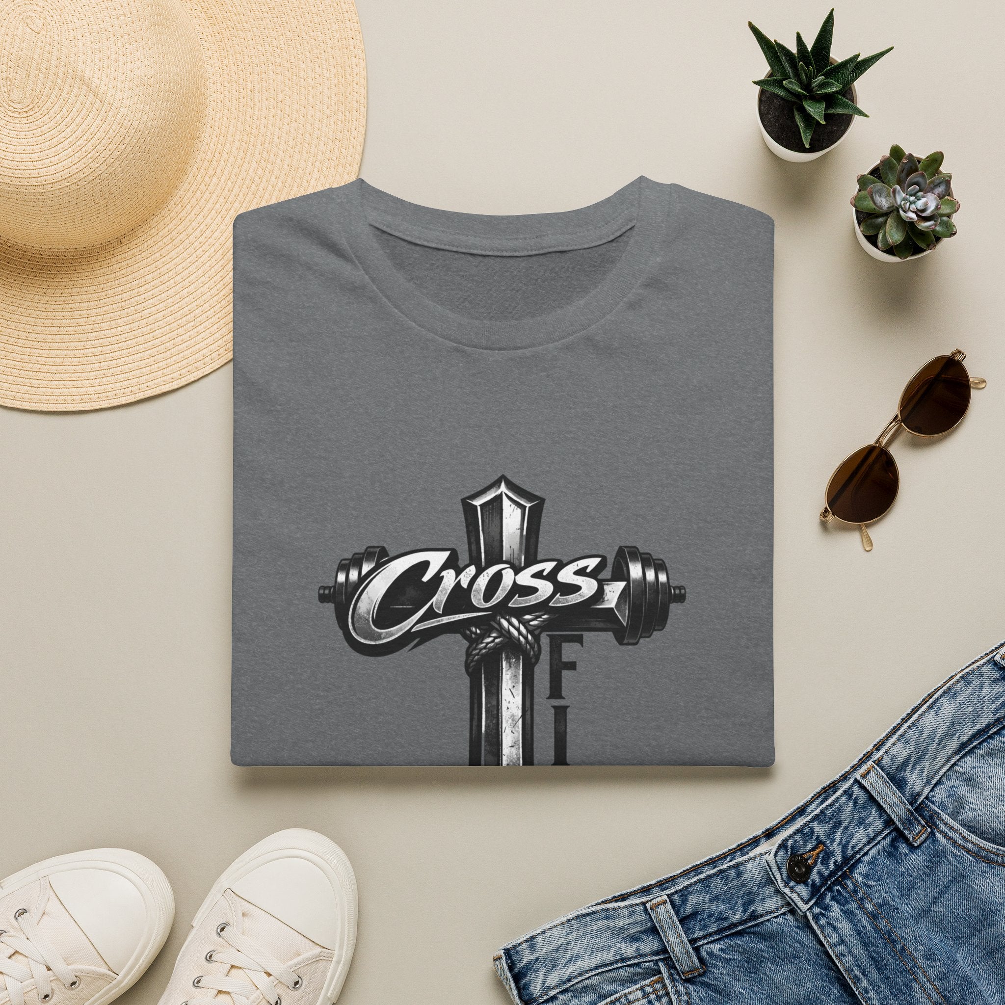 CrossFit Cross with Barbell T-Shirt | Hebrews 12:1 Fitness Faith Tee | Unisex Tee