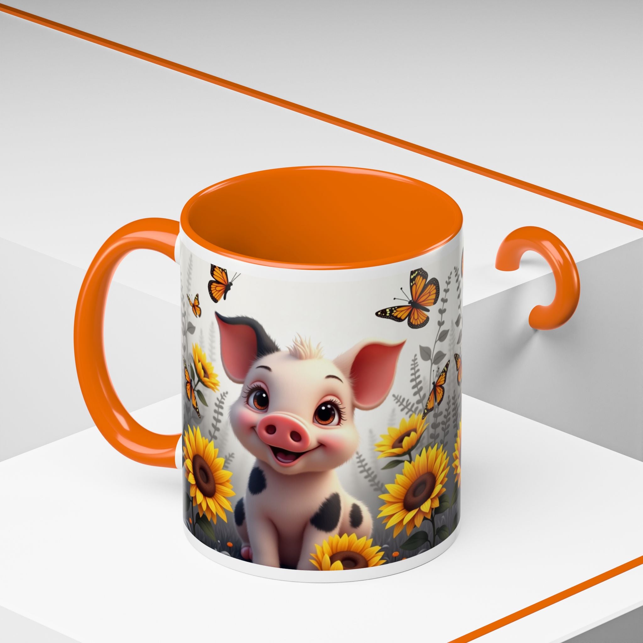 Cute Piglet, Sunflower & Monarch Butterflies Accent Coffee Mug