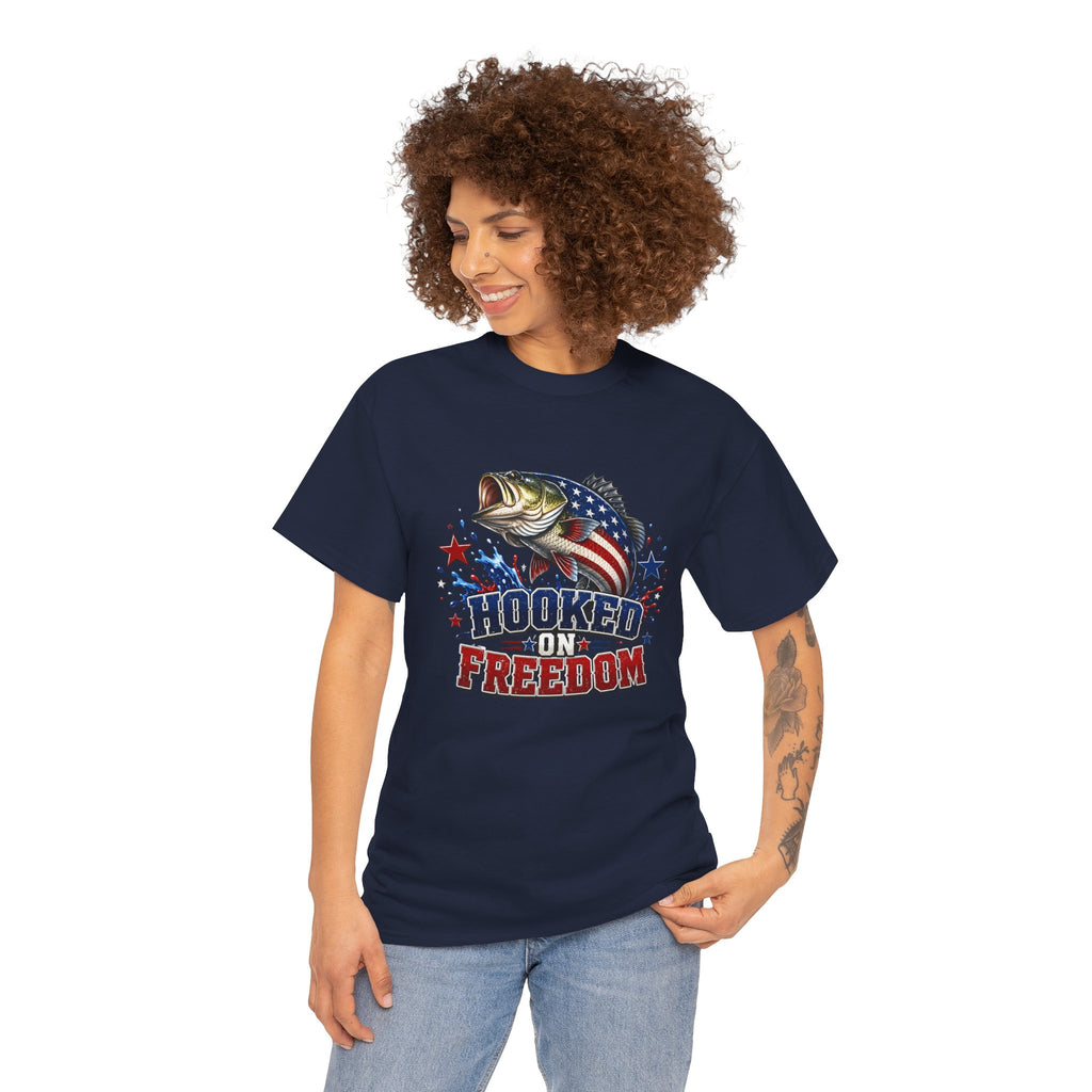 Hooked on Freedom Fishing T-Shirt — Patriotic Bass Graphic Tee