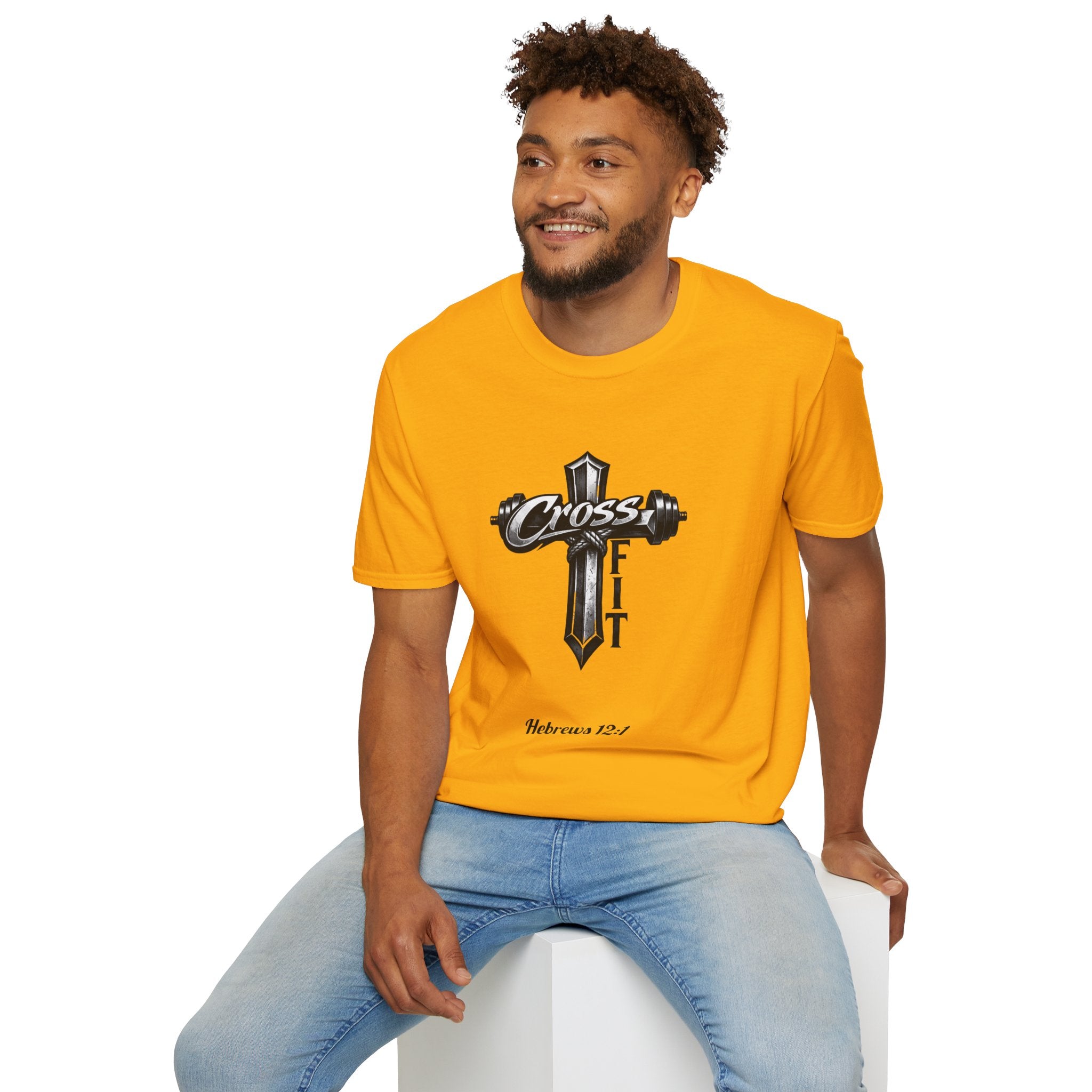 CrossFit Cross with Barbell T-Shirt | Hebrews 12:1 Fitness Faith Tee | Unisex Tee