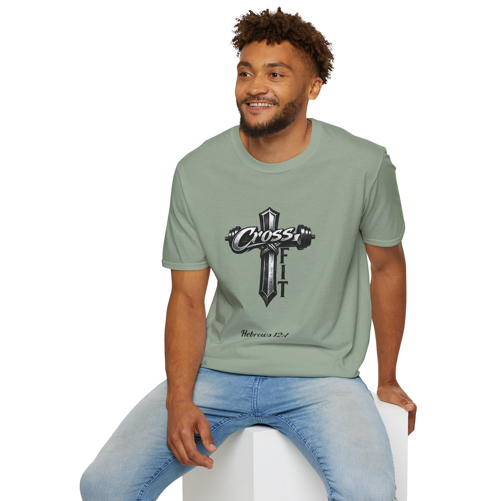 CrossFit Cross with Barbell T-Shirt | Hebrews 12:1 Fitness Faith Tee | Unisex Tee