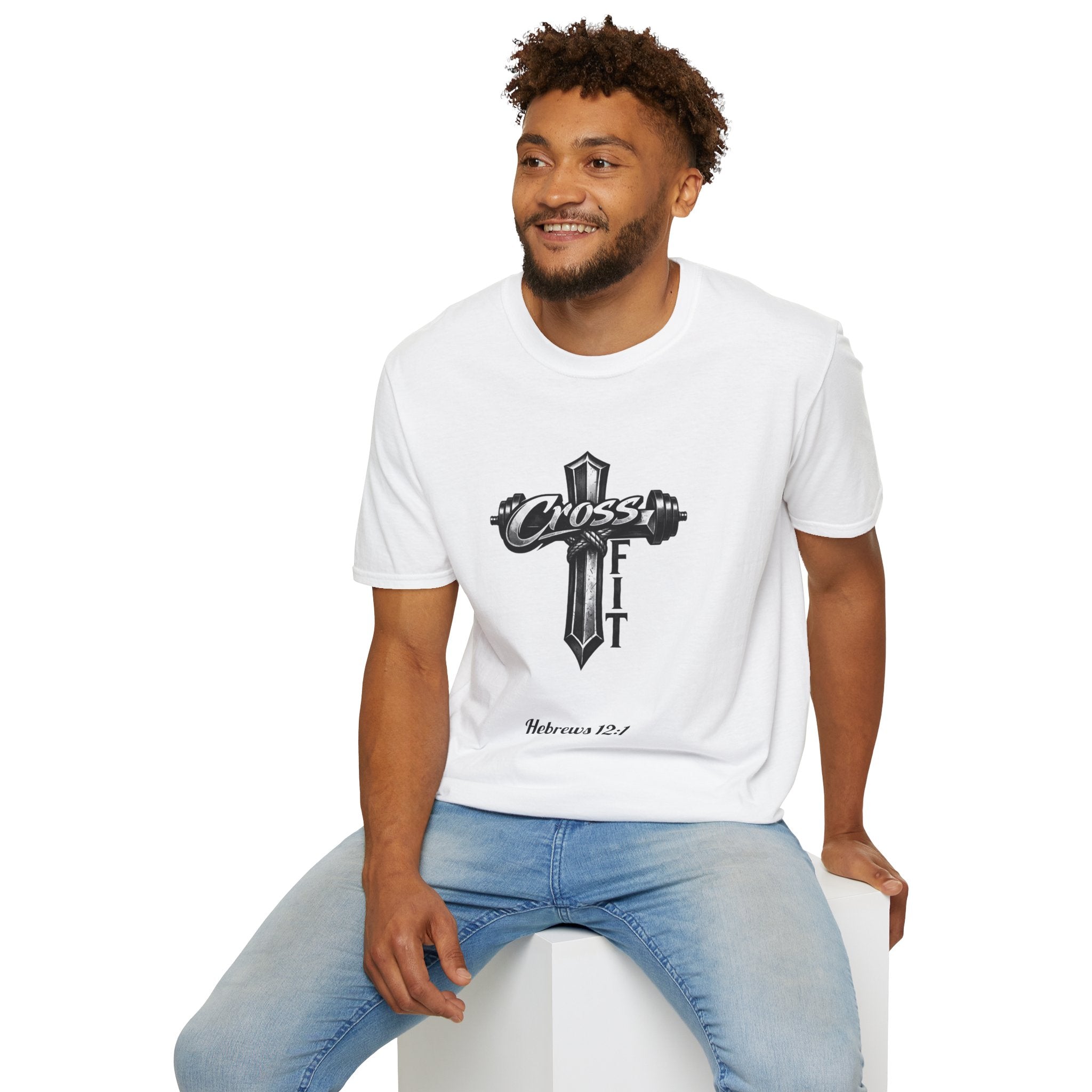 CrossFit Cross with Barbell T-Shirt | Hebrews 12:1 Fitness Faith Tee | Unisex Tee