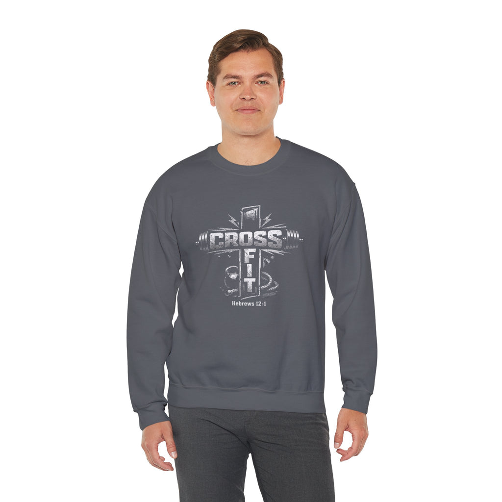 CrossFit Cross Graphic Sweatshirt | Barbell, Kettlebell, Bible Verse