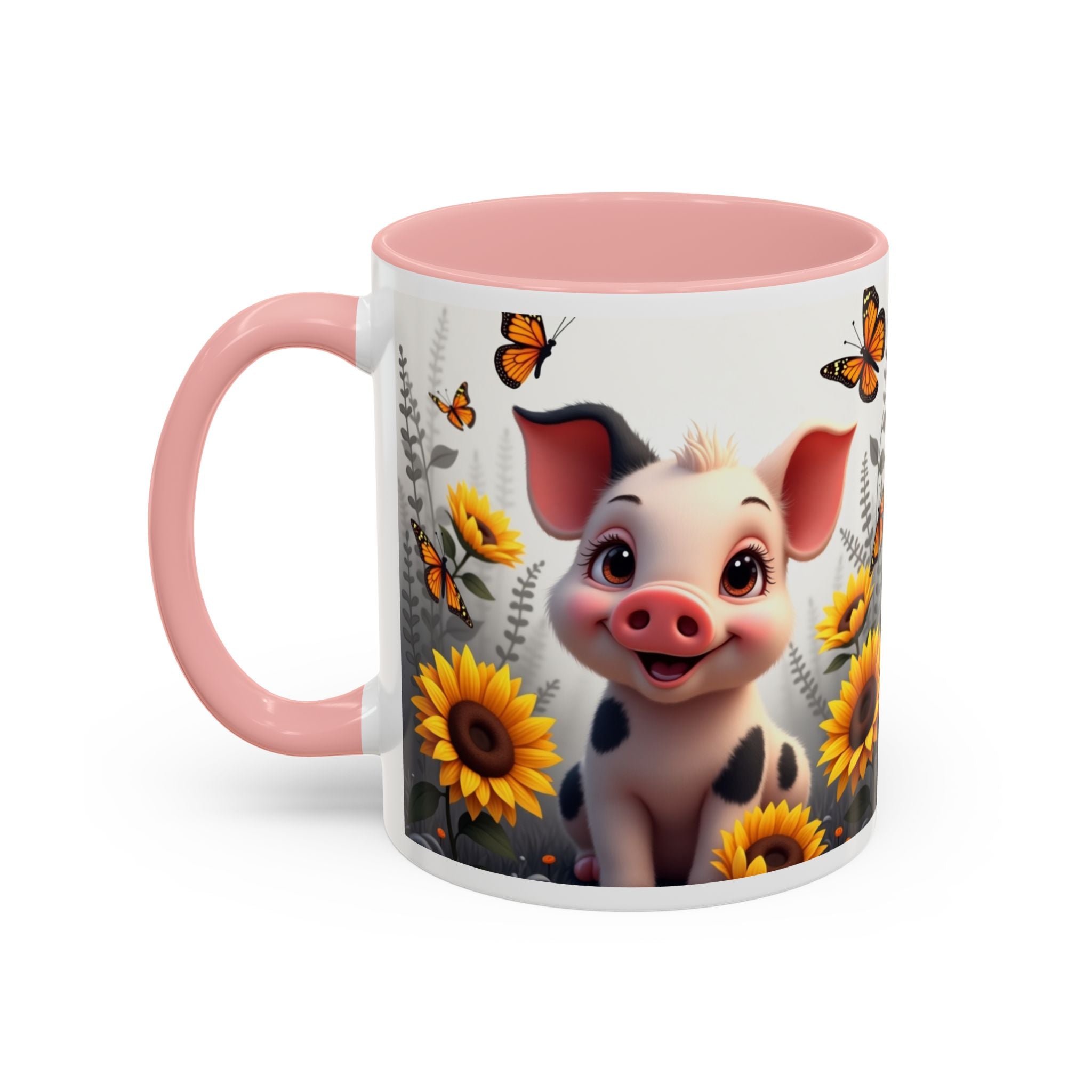Cute Piglet, Sunflower & Monarch Butterflies Accent Coffee Mug