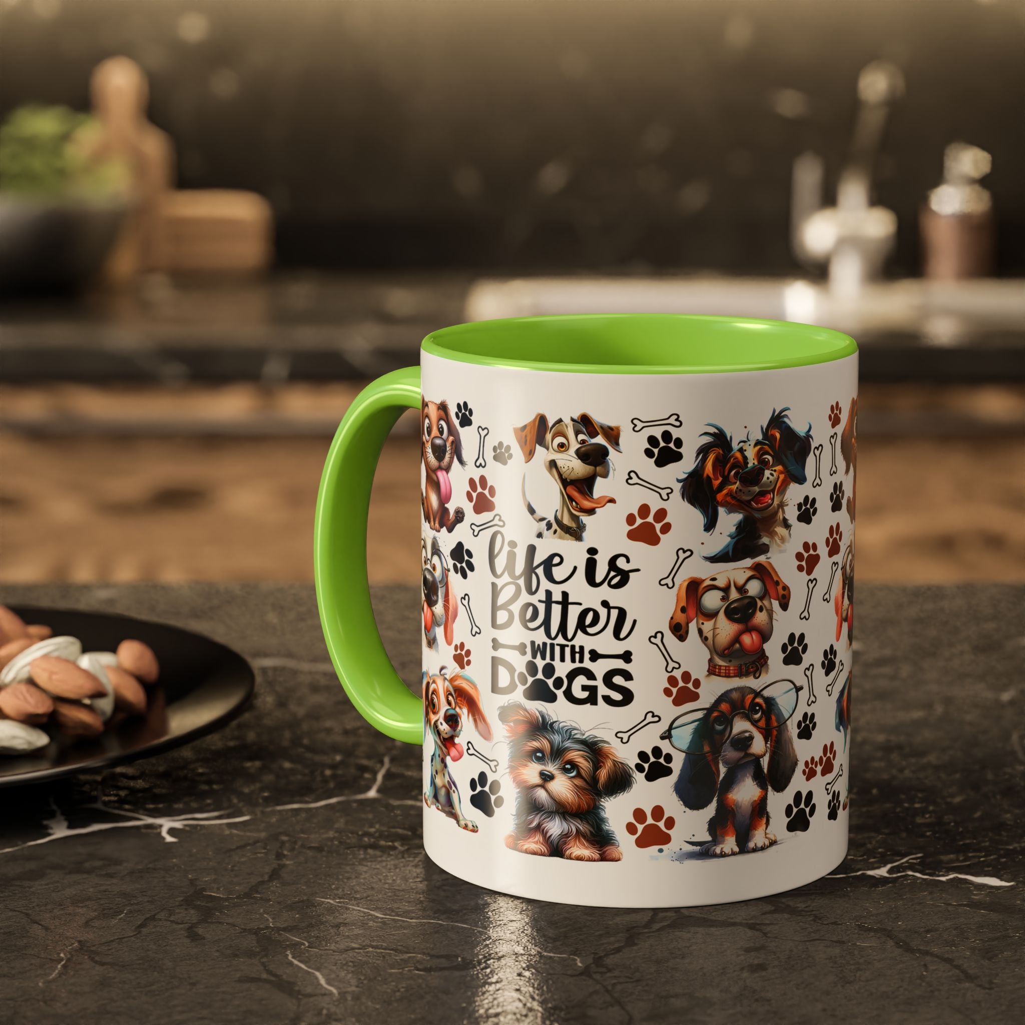 Dog Lover - "Life is Better with Dogs" Colourful Paw Print Ceramic Mug 11oz