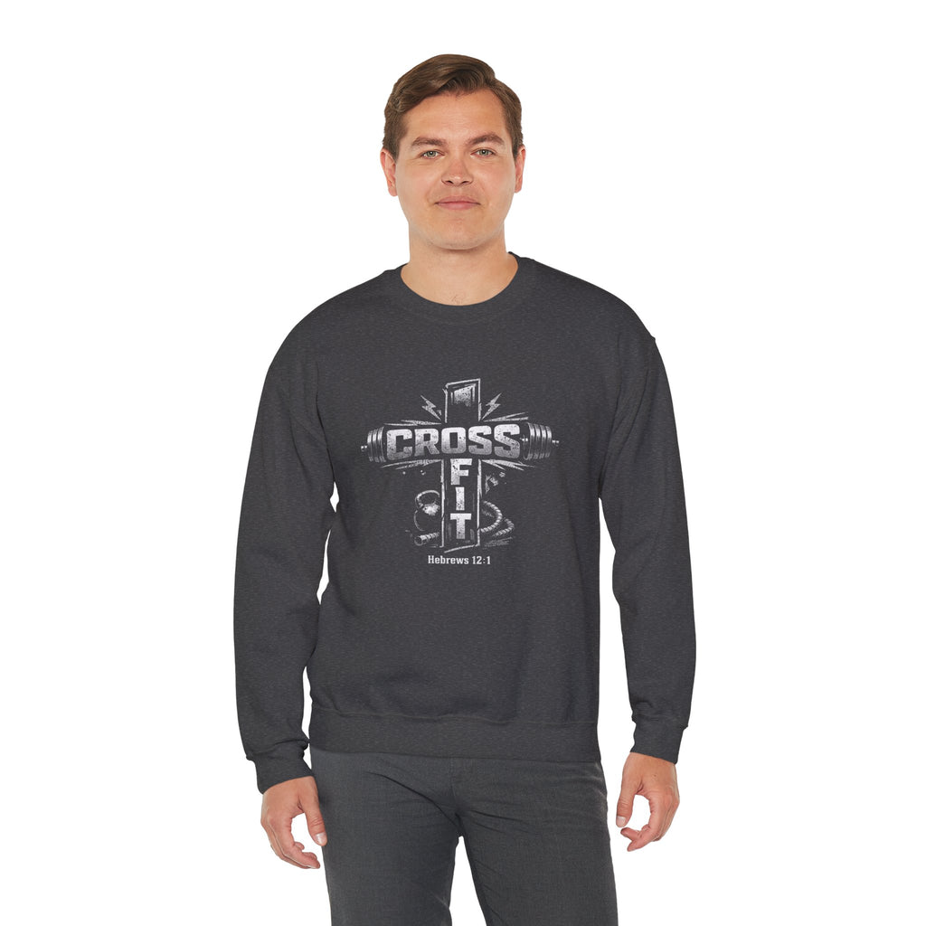 CrossFit Cross Graphic Sweatshirt | Barbell, Kettlebell, Bible Verse