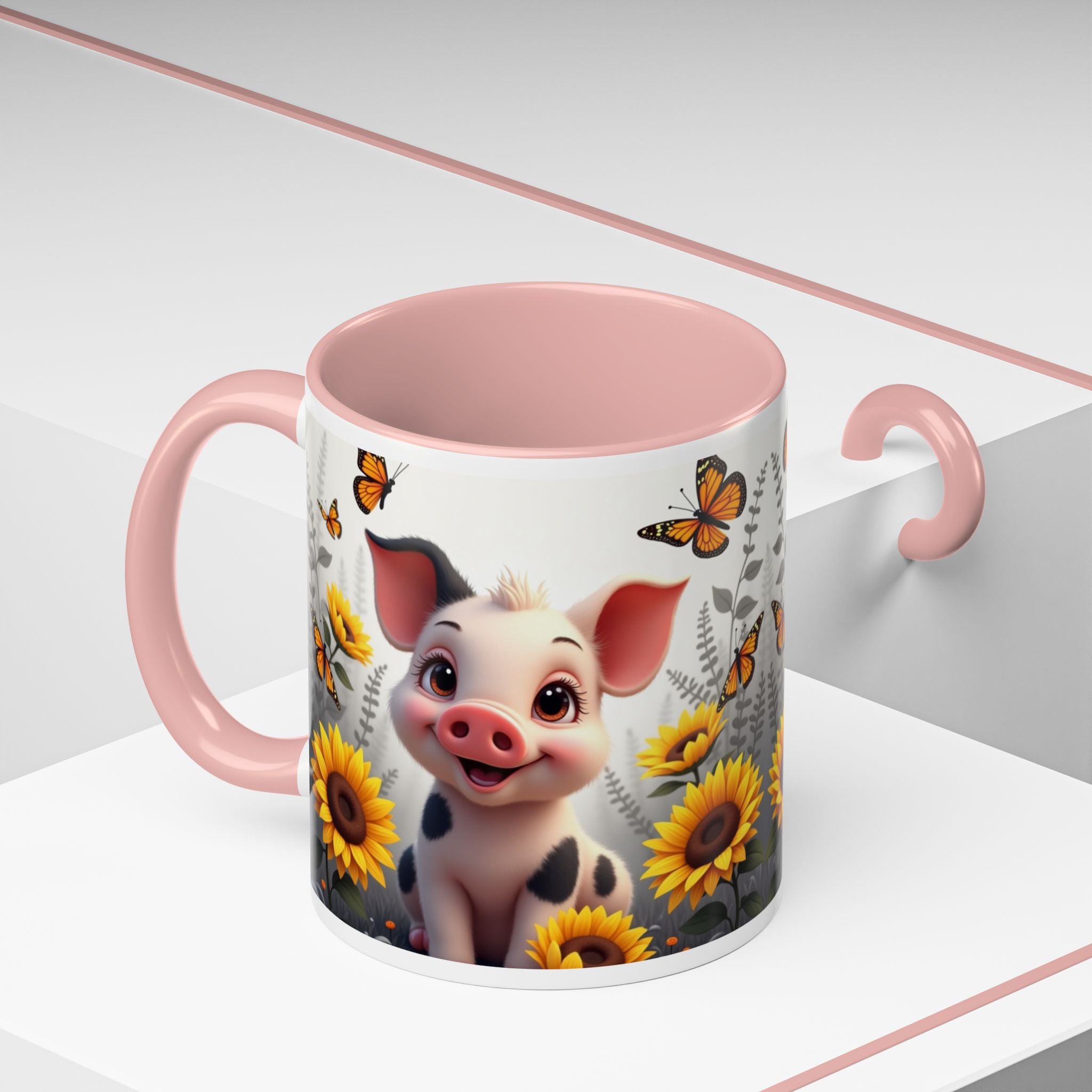 Cute Piglet, Sunflower & Monarch Butterflies Accent Coffee Mug
