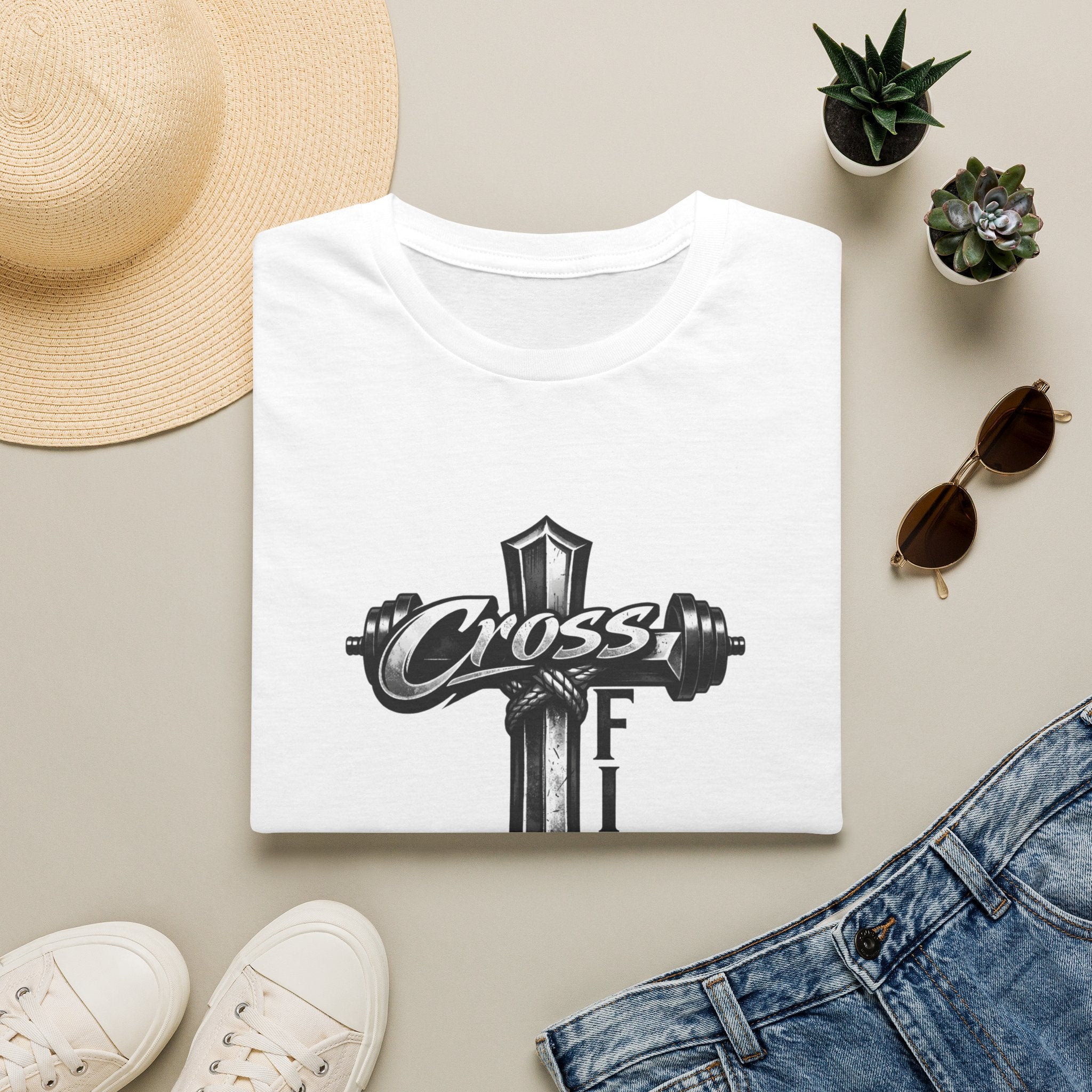 CrossFit Cross with Barbell T-Shirt | Hebrews 12:1 Fitness Faith Tee | Unisex Tee